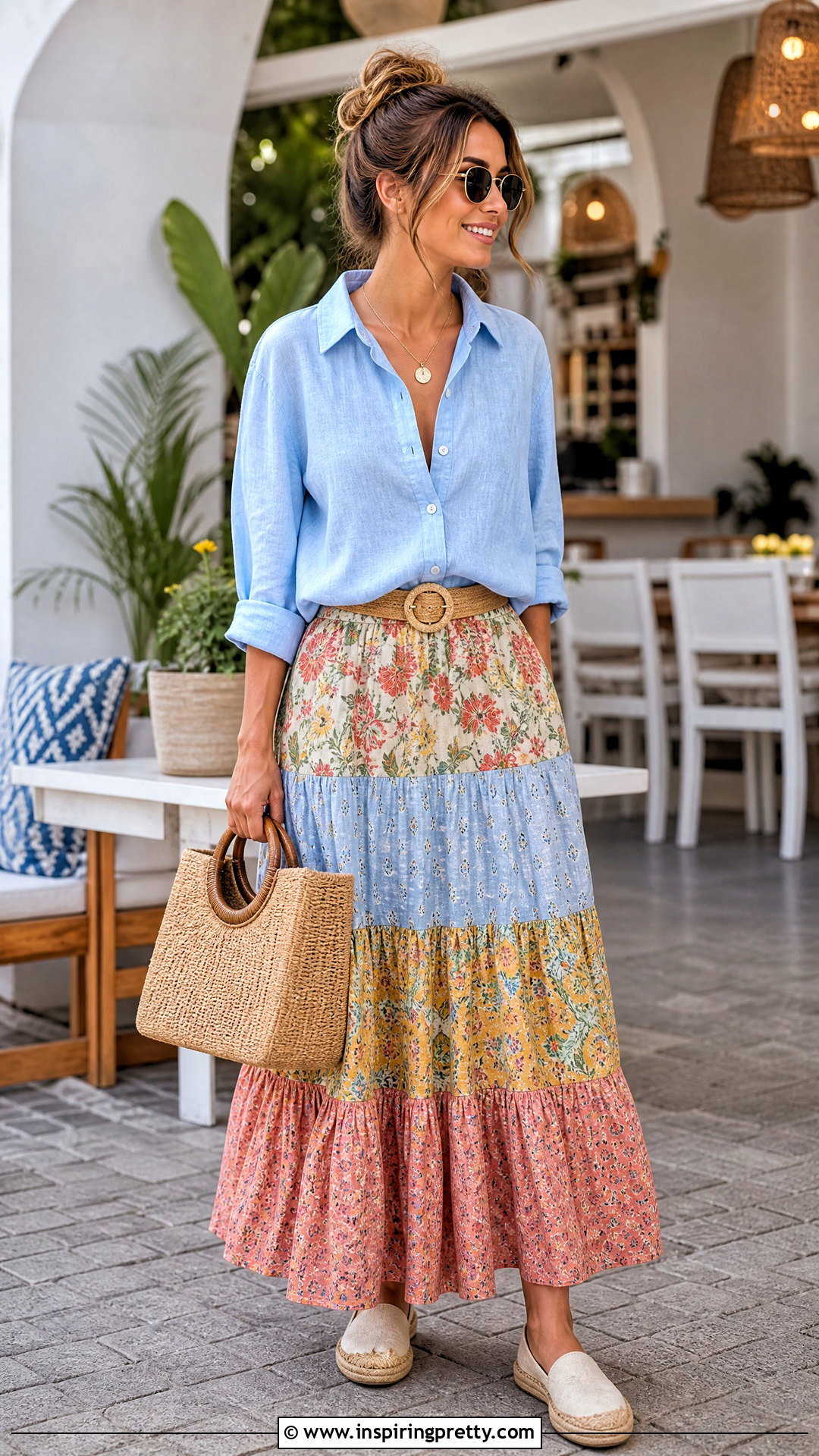 Linen Button Down Shirt And Tiered Long Skirt Outfit - 50 long skirt and top outfits