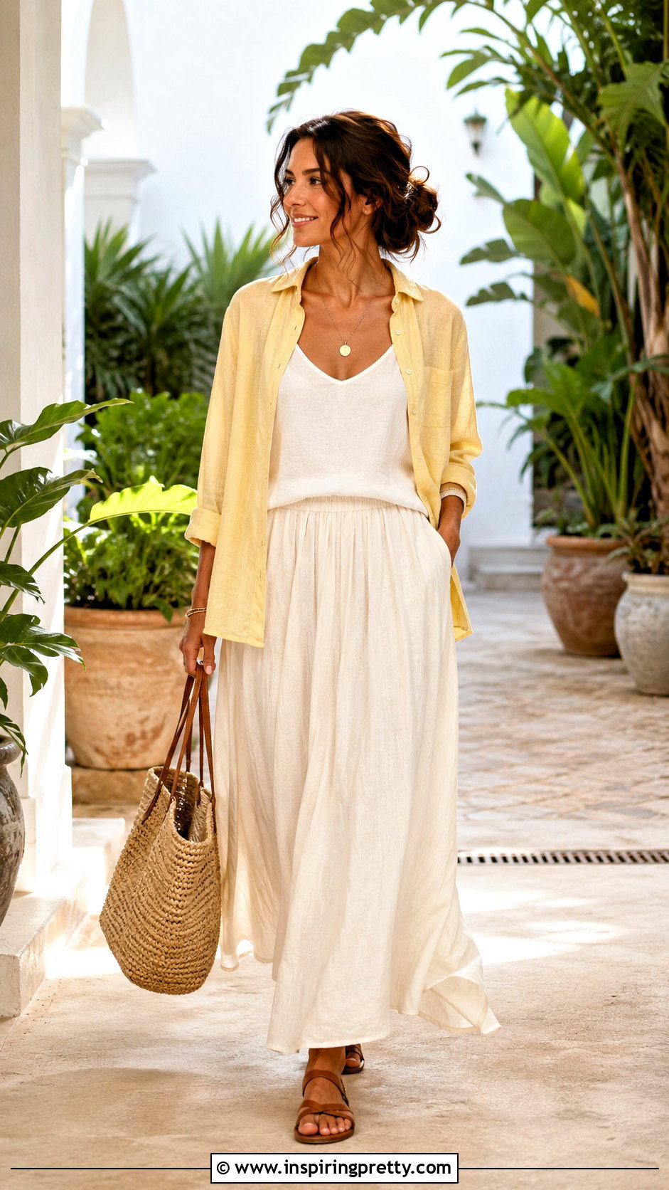 Linen Layering Top Over Camisole And Maxi Skirt - 20 Layering Tops For Spring Ideas