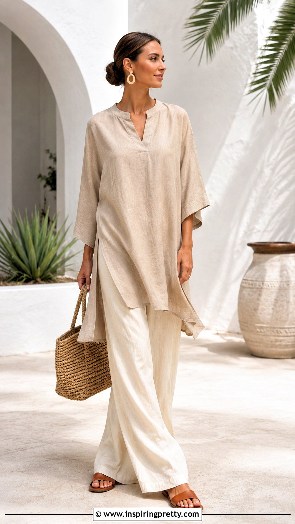 Linen Look SHEIN Tunic With Wide Leg Pants - 20 Shein Tunic Tops outfit ideas