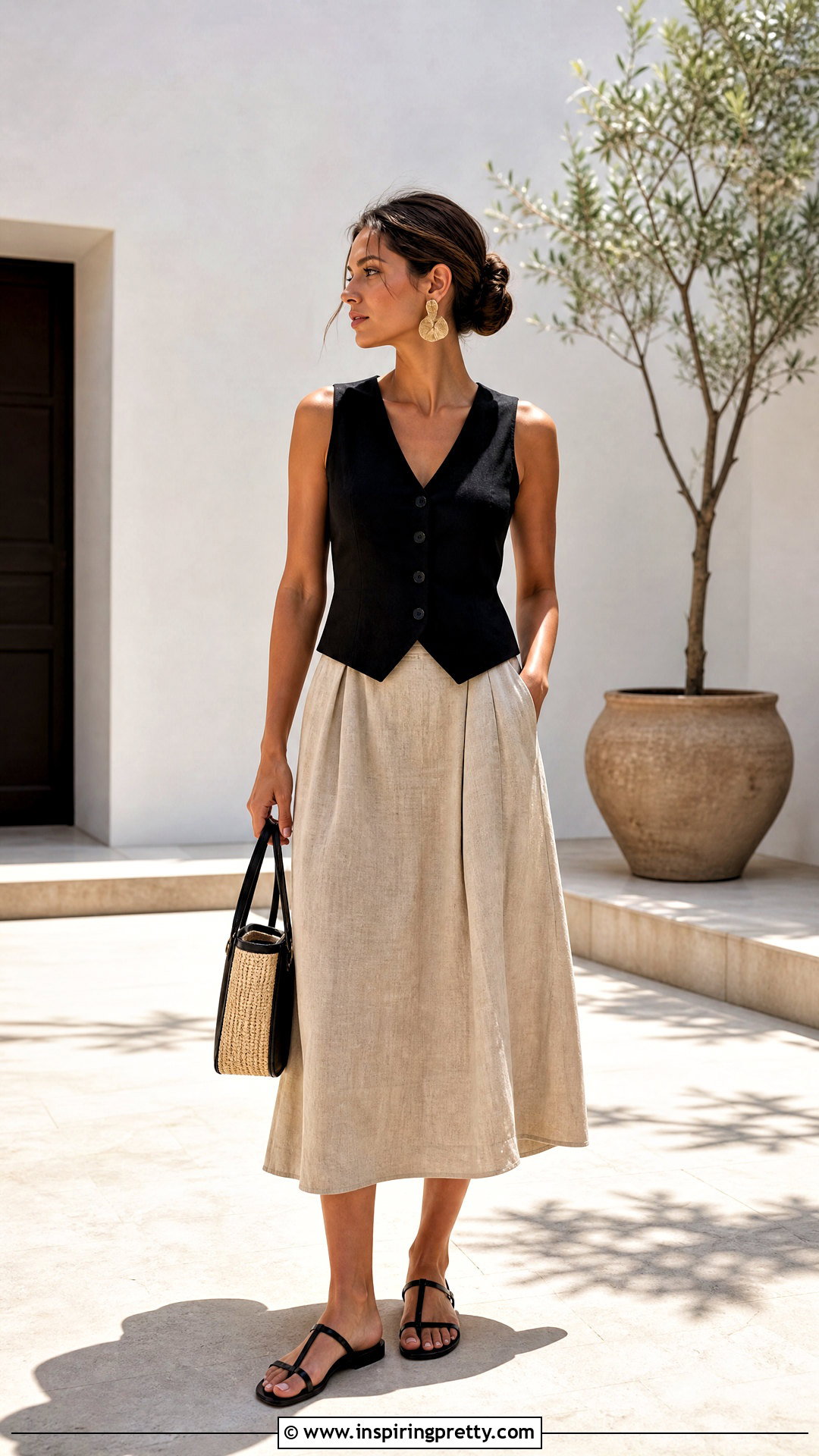 Linen Midi Skirt With Vest And Flat Sandals - 50 top skirt outfit ideas