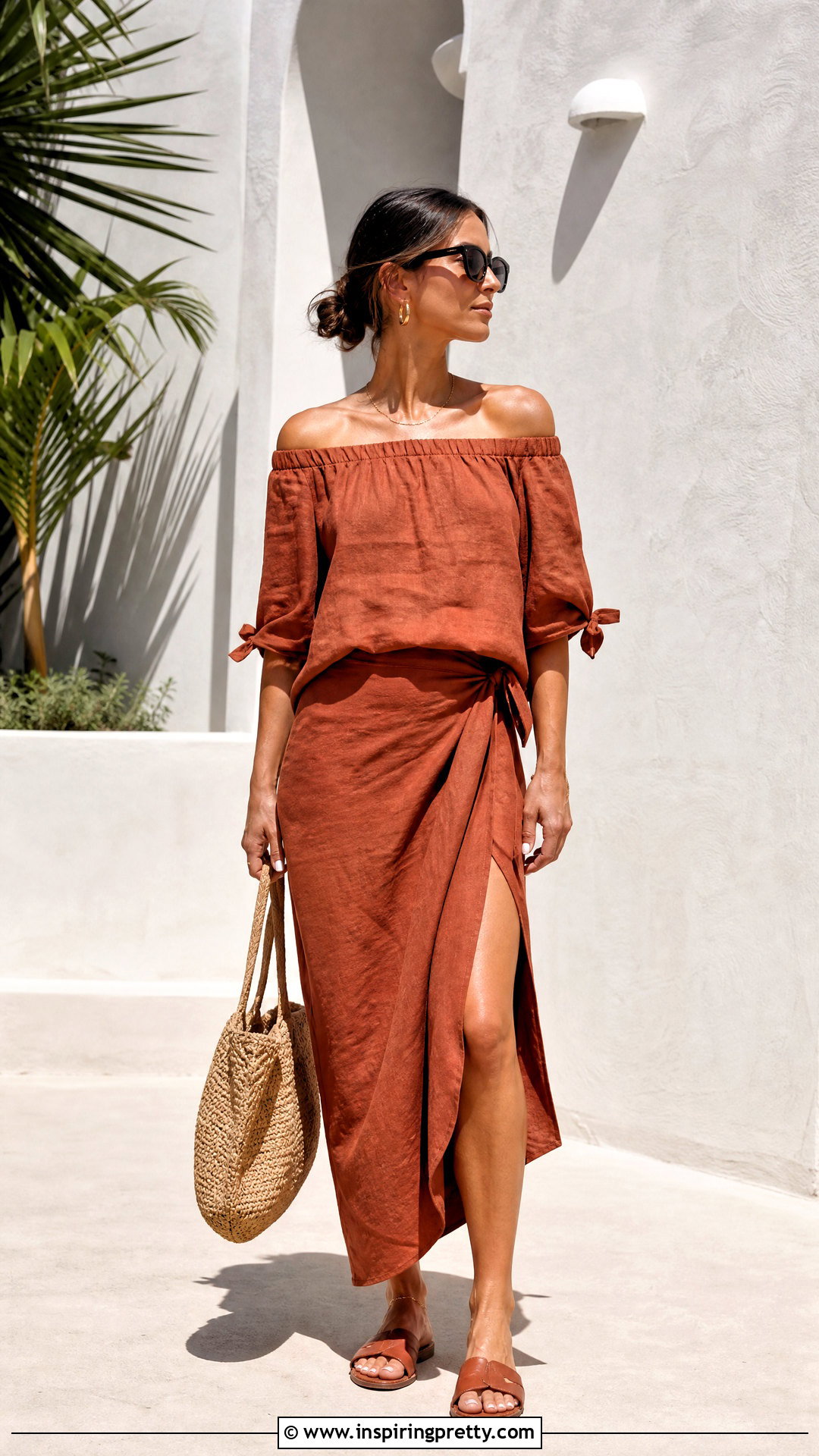 Linen Off Shoulder Top With Linen Wrap Skirt - 50 off shoulder top with skirt outfit ideas