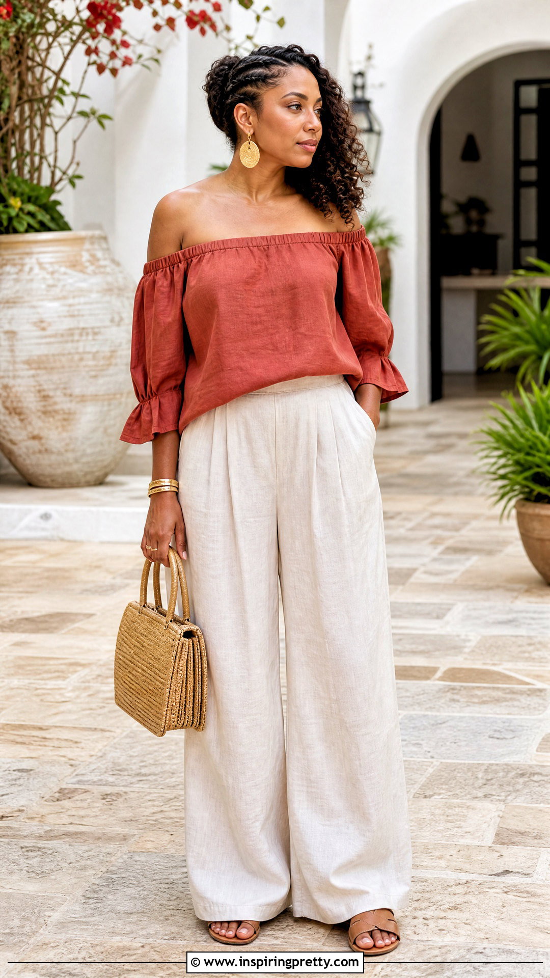 Linen Off Shoulder Top With Natural Curls and Palazzo Pants - 50 hairstyle for off shoulder top outfit ideas