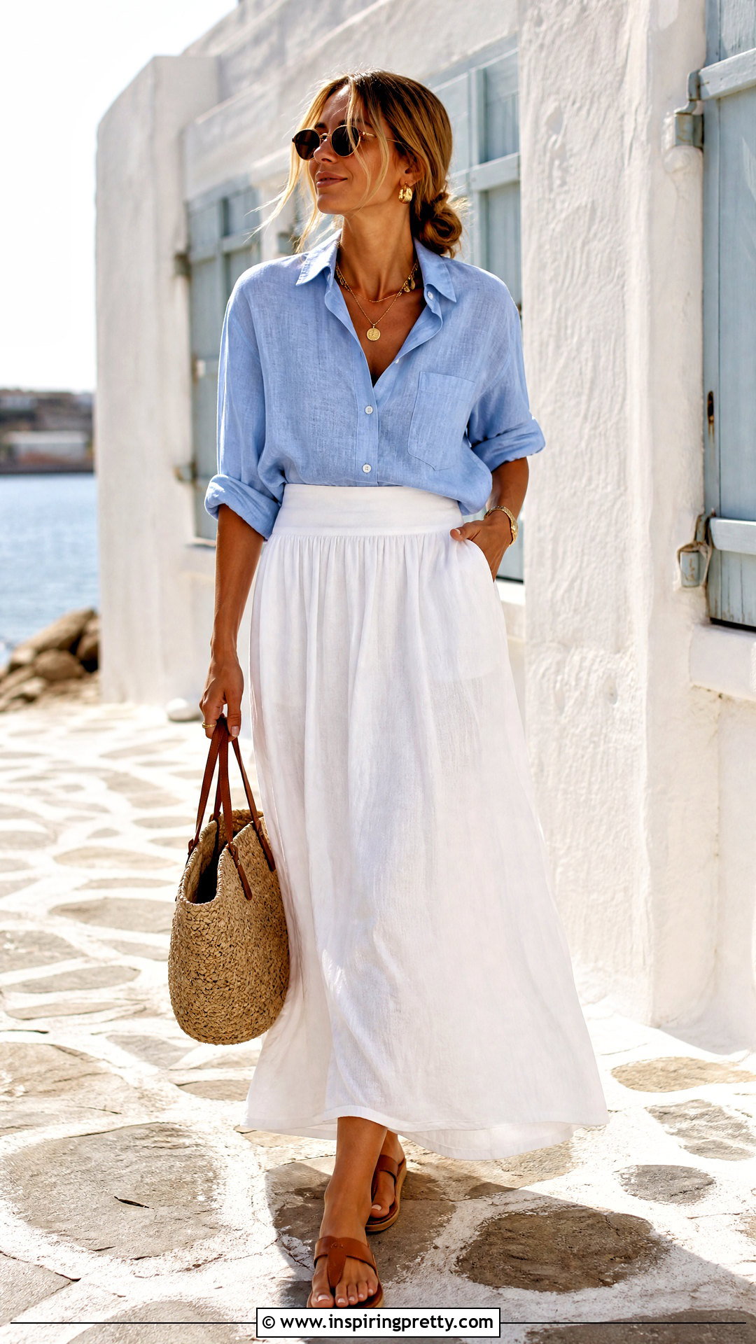 Linen Shirt And White Maxi Skirt Outfit - 50 skirt and top outfits