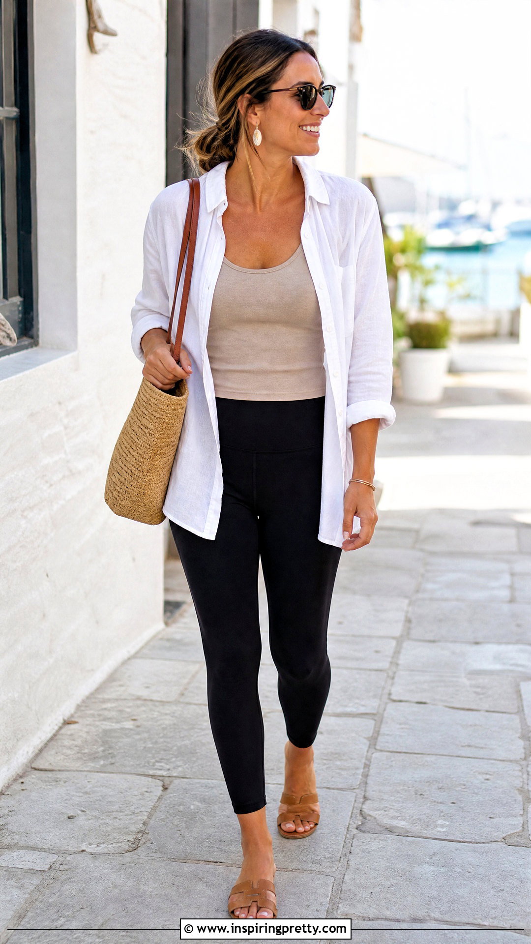 Linen Shirt With Leggings And Flat Sandals - 25 leggin tops designs