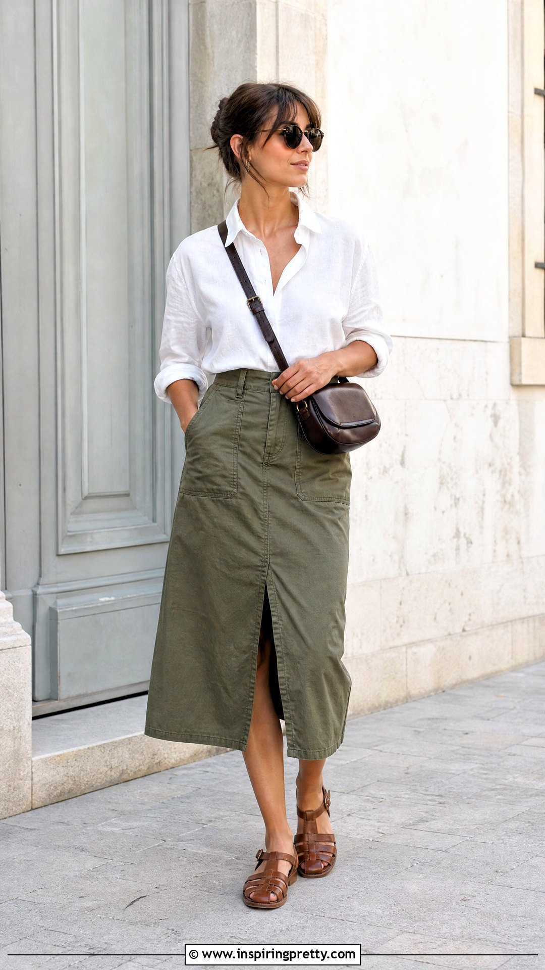 Linen Shirt With Utility Midi Skirt - 50 linen top outfit ideas