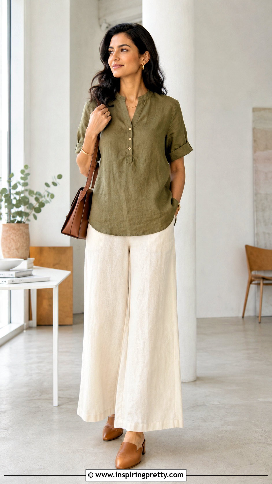 Linen Short Kurti With Wide Leg Trousers - 50 short kurti top outfit ideas