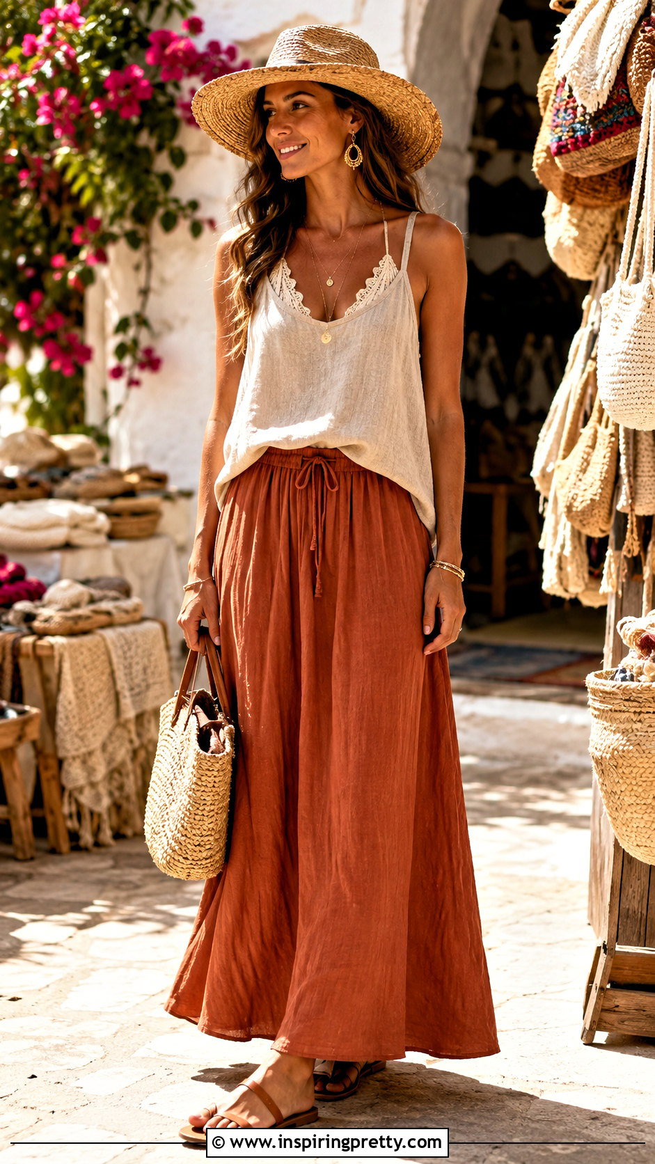 Linen Tank Top With Crochet Bralette And Maxi Skirt - how to wear a bralette with a tank top (25 ways)
