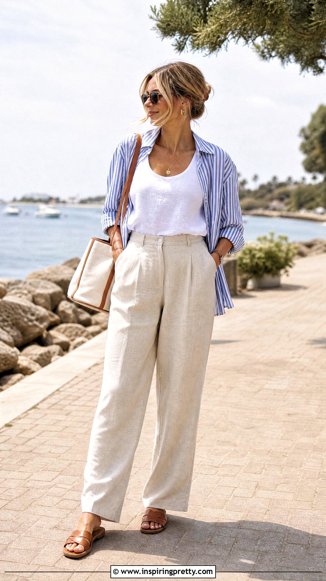 Linen Tank Top With a Striped Button Down Shirt - 50 linen tank top outfit ideas