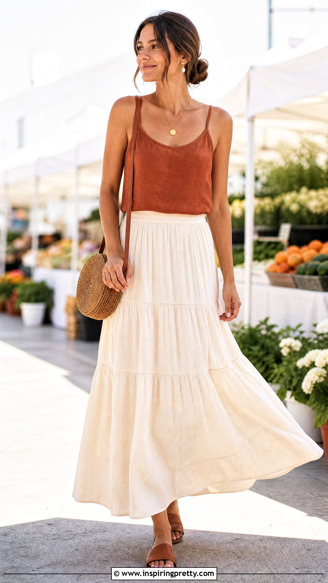 Linen Tank Top With a Tiered Maxi Skirt - 50 linen tank top outfit ideas