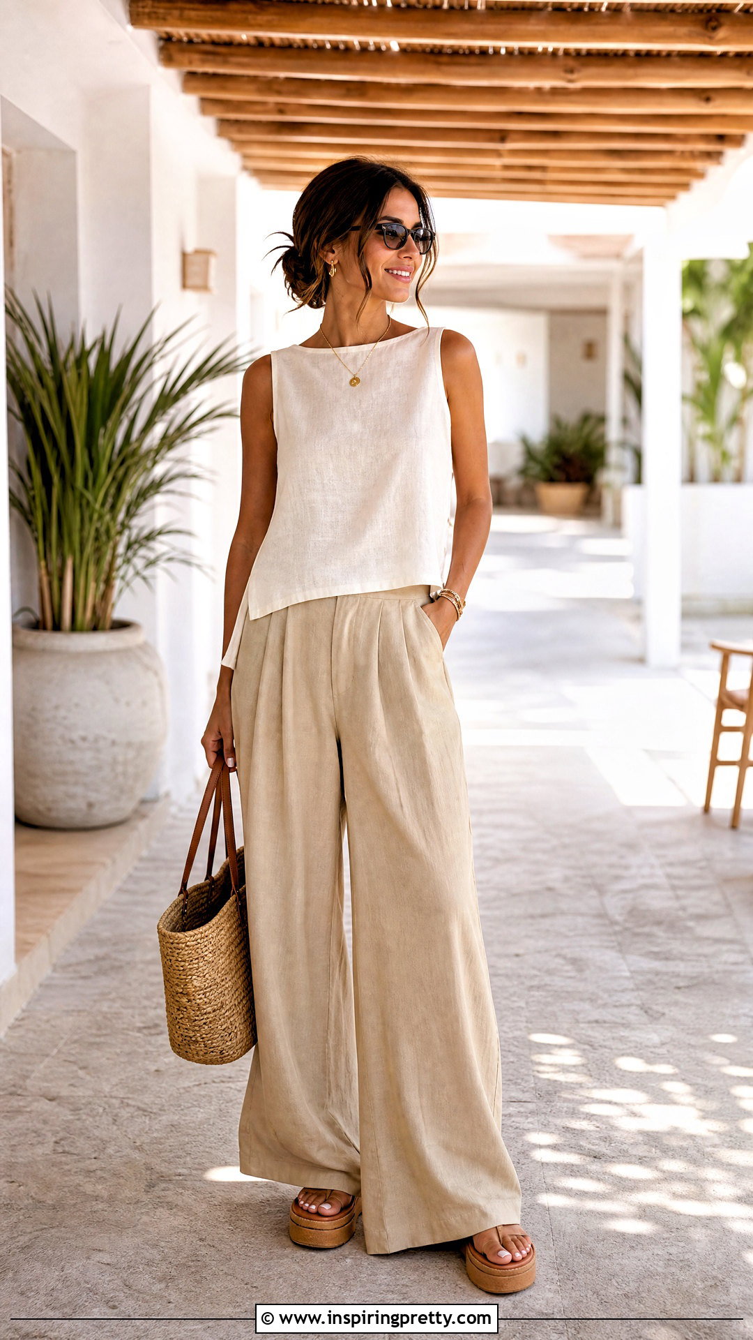 Linen Tiny Tunic Top With Wide Leg Pants - 20 tiny tunic top outfit ideas