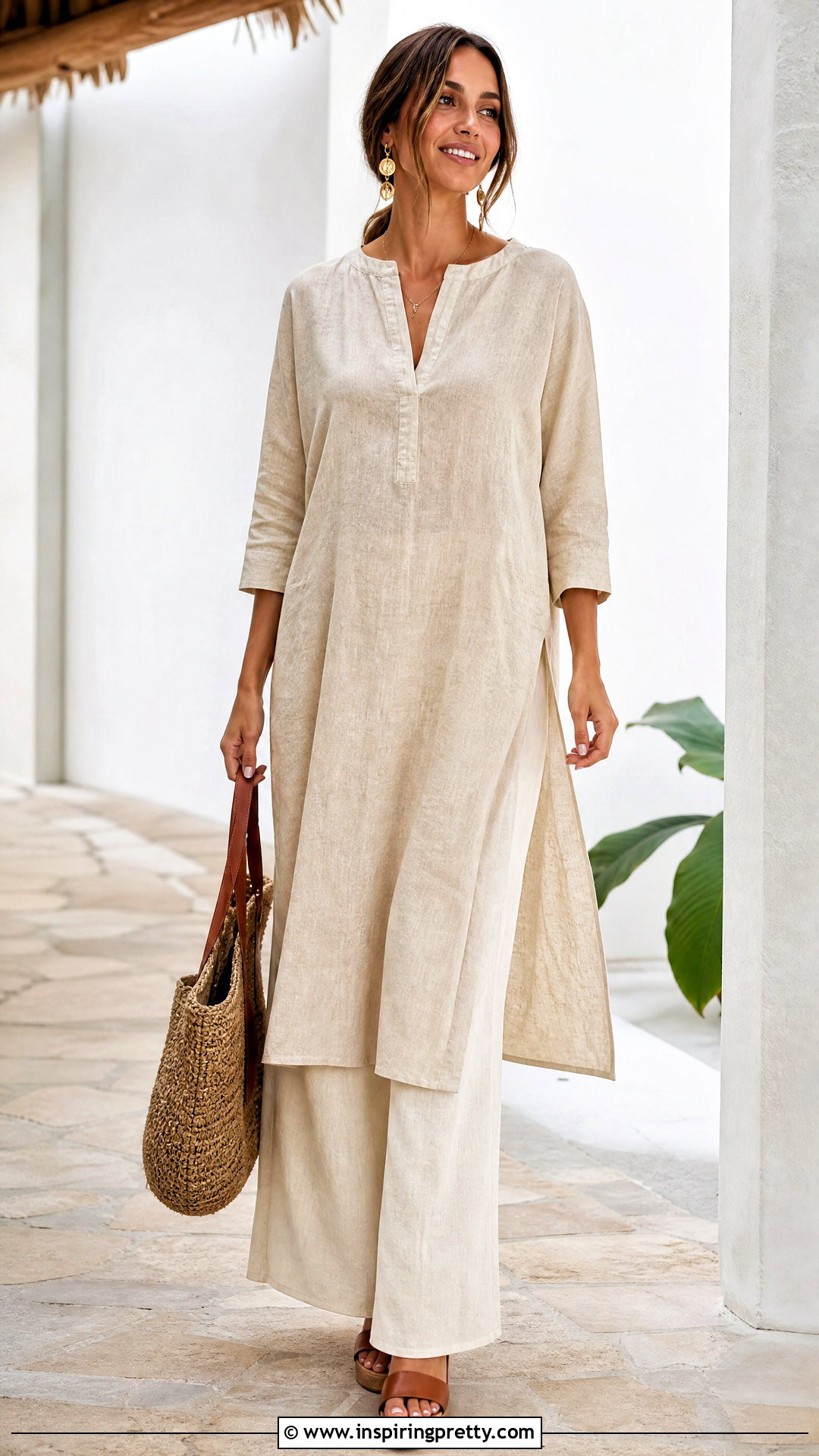 Linen Tunic Top With Wide Leg Pants And Sandals - 20 pants to wear with tunic tops outfit ideas