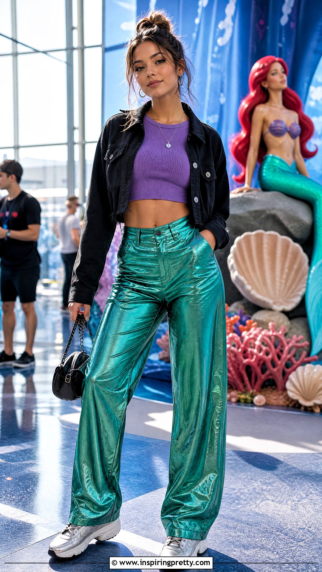 Little Mermaid Crop Top With Metallic Green Pants - 20 little mermaid crop top outfit ideas