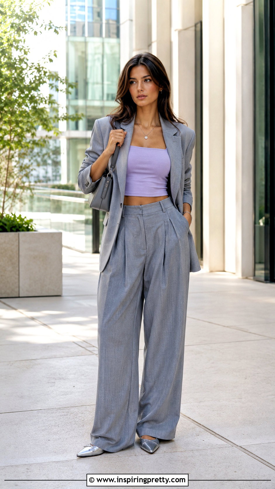 Liz And Sara Lilac Crop Top With Gray Trousers - 20 liz and sara tops outfit ideas