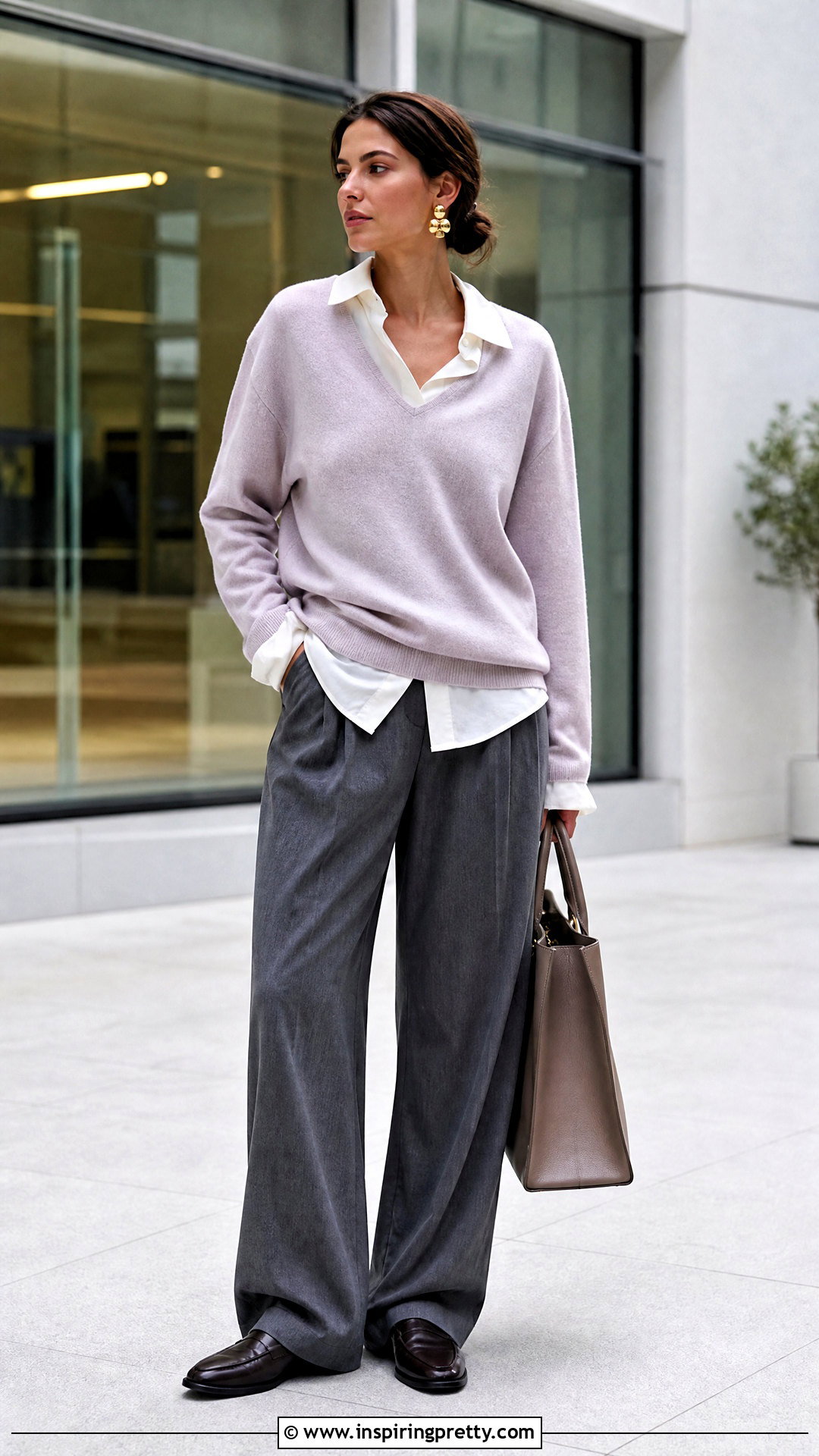 Loewe V Neck Sweater With Collared Shirt And Trousers - 50 loewe top outfit ideas