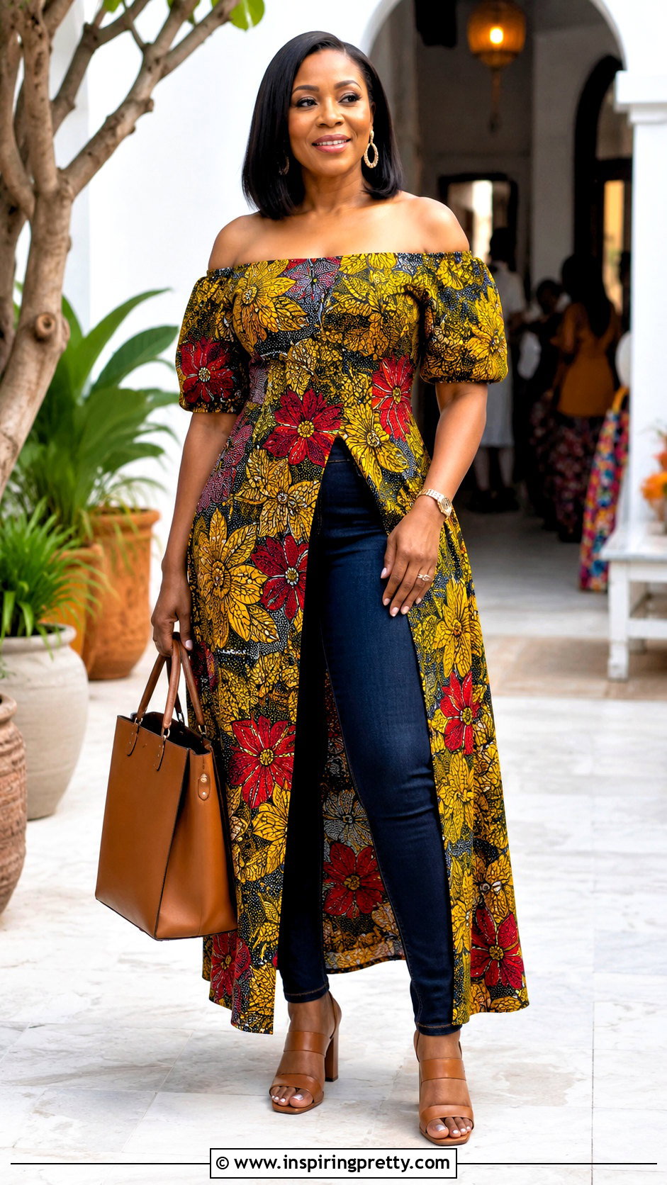 Long Ankara Off Shoulder Top With Slim Fit Jeans - 20 ankara tops with jeans off shoulder outfits