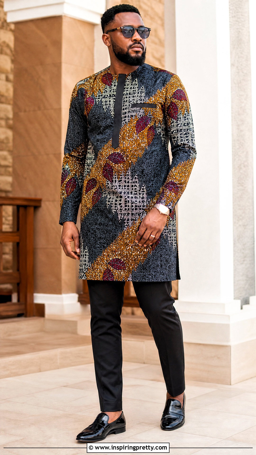 Long Ankara Tunic With Slim Black Trousers - 50 ankara top for men outfit ideas