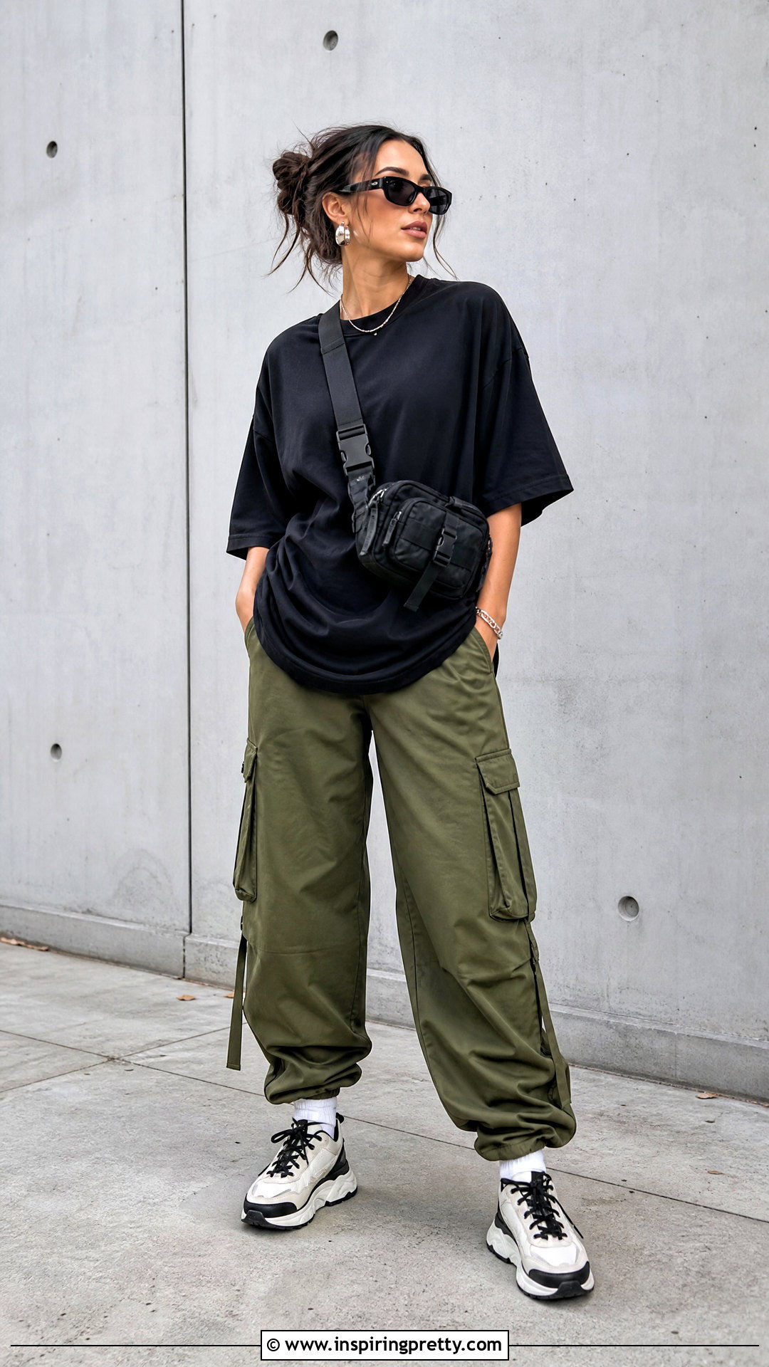 Long Black Tee With Cargo Pants - 50 long top outfit ideas