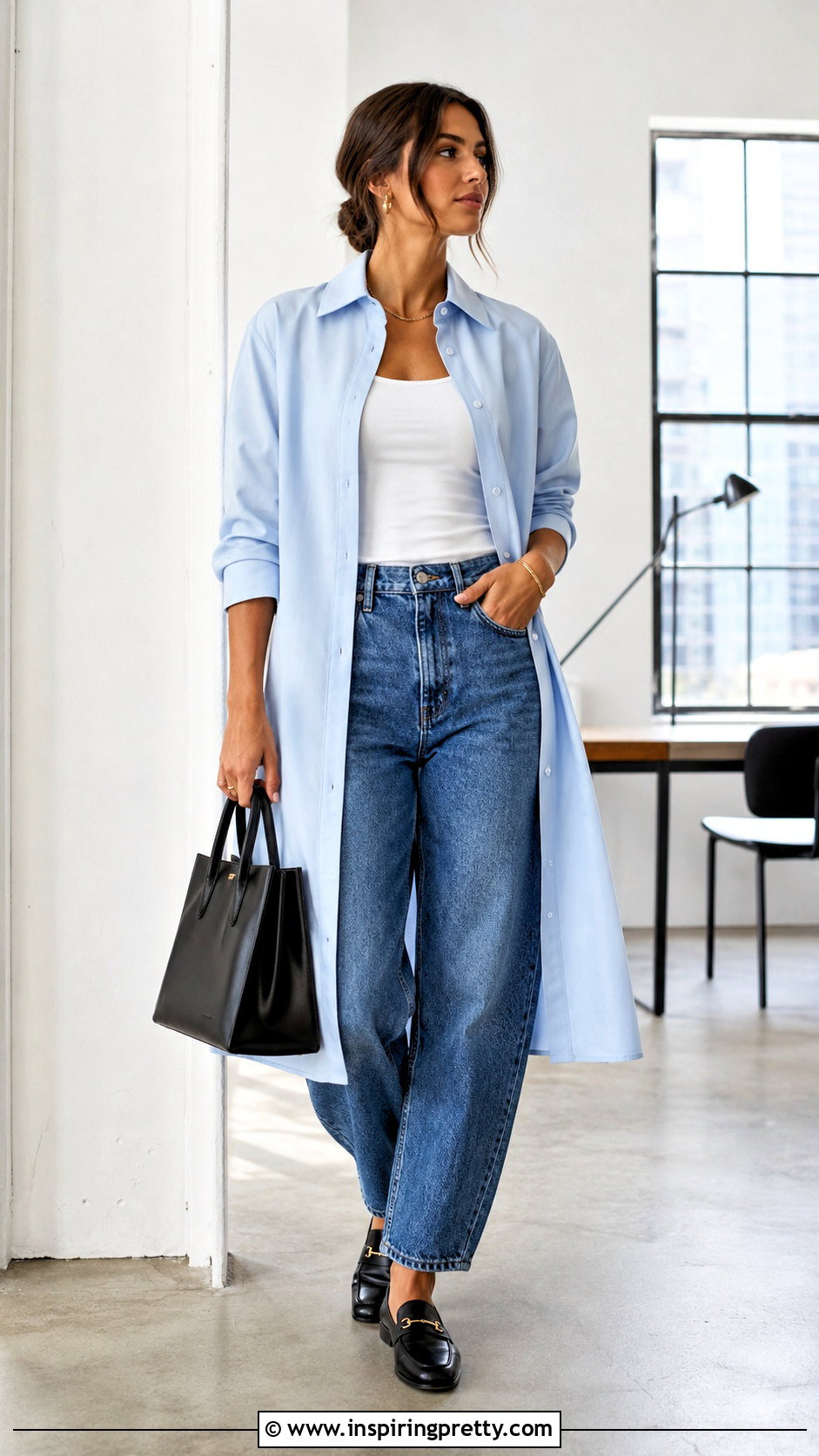 Long Button Down With Barrel Jeans - 50 long tops outfit ideas