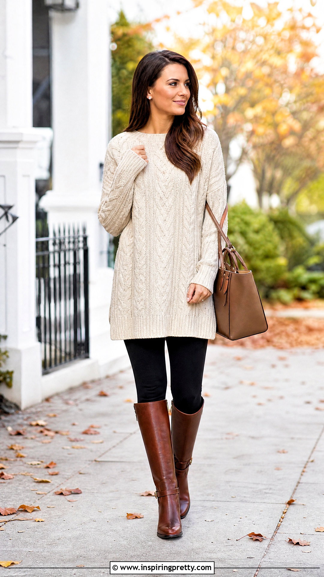 Long Cable Knit Sweater With Leggings - 50 long top outfit ideas