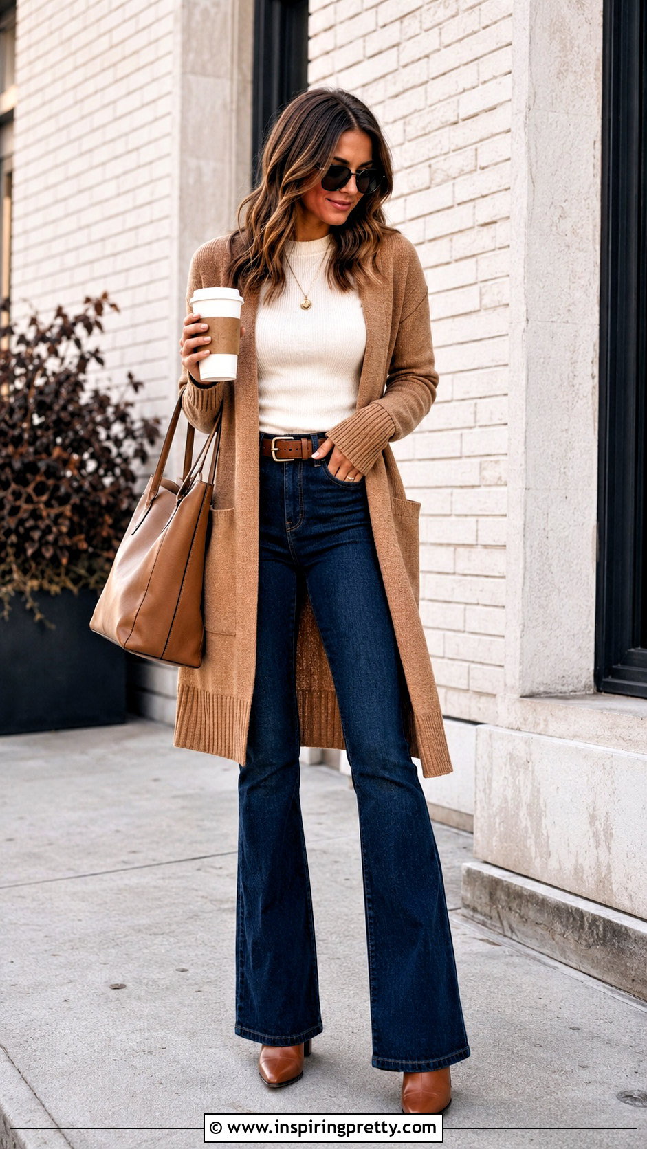 Long Cardigan With Flared Jeans - 50 cute winter tops outfit ideas