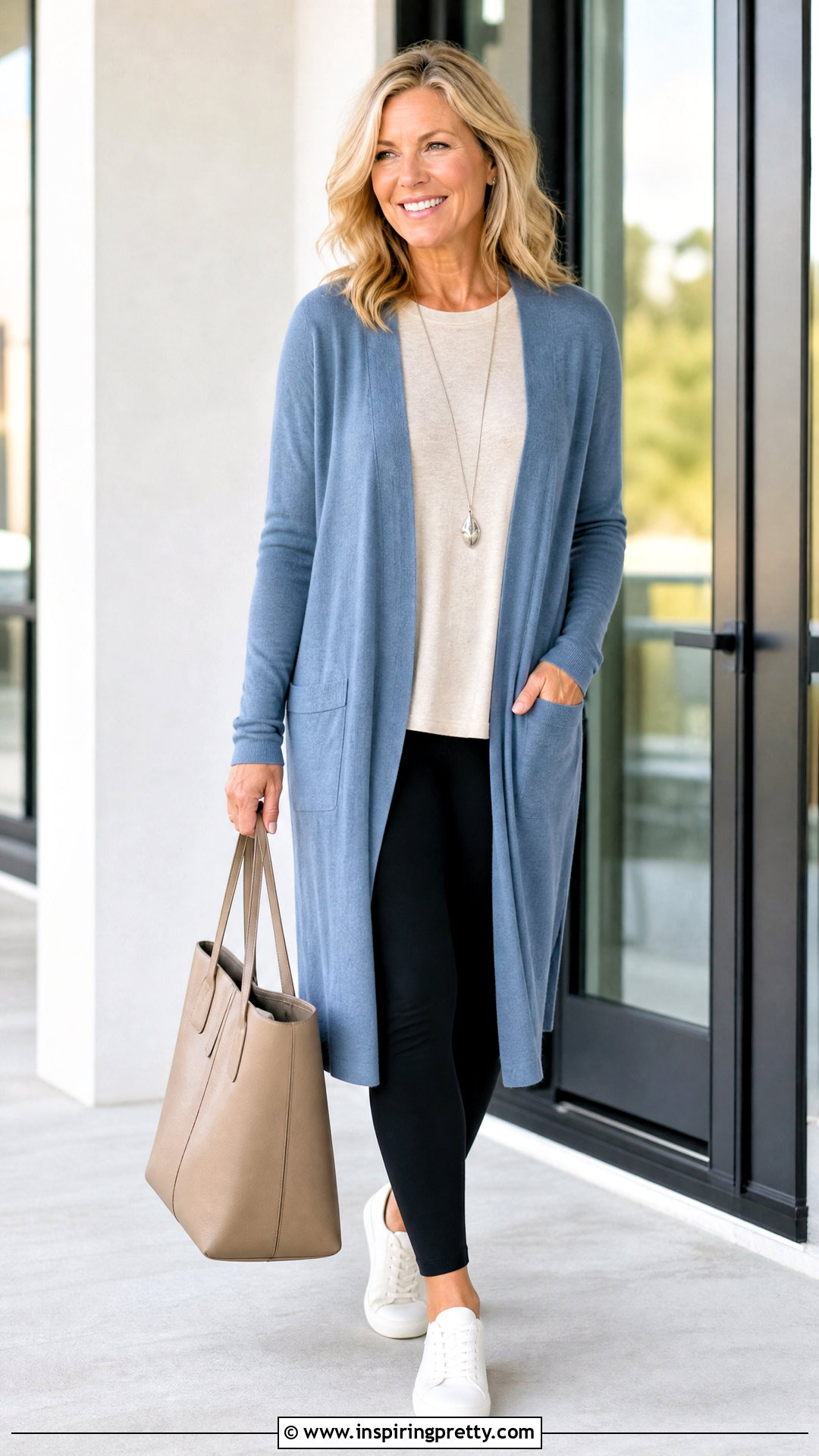Long Cardigan With Tee And Leggings - 20 tops to wear with leggings over 50 outfit ideas