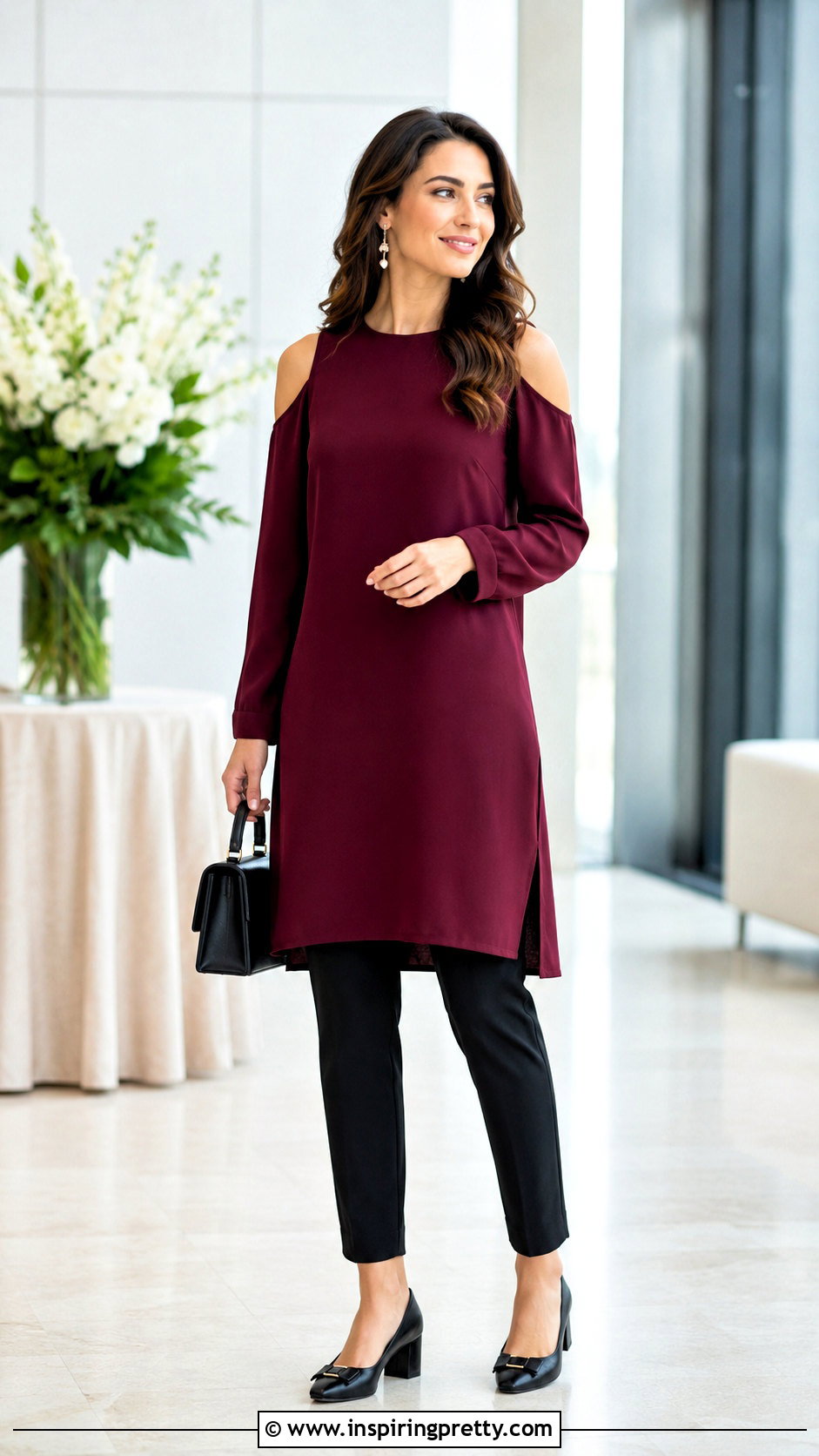 Long Cold Shoulder Top With Slim Pants - 50 stylish long tops for women
