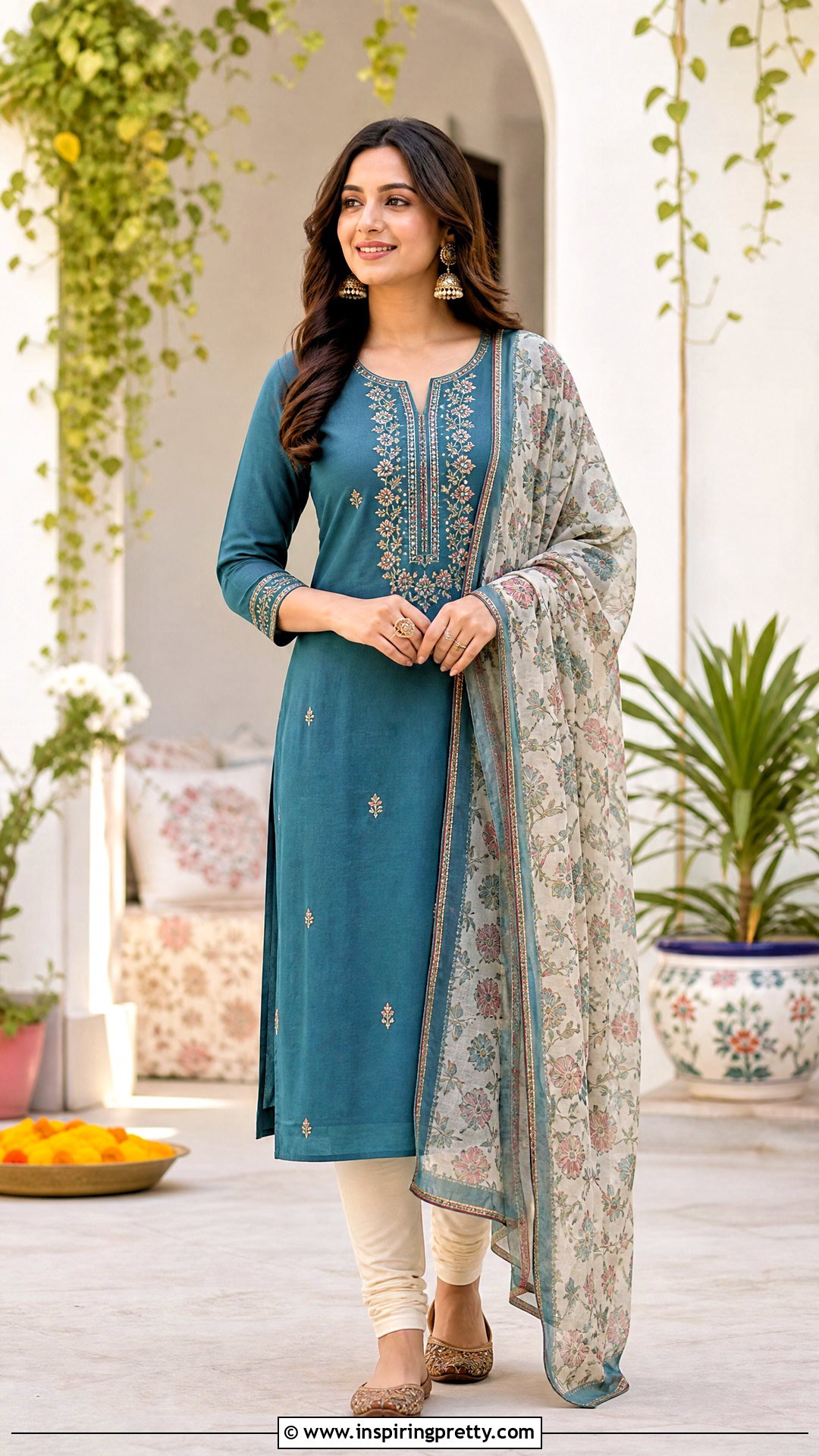 Long Cotton Kurti Top With Churidar - 50 kurti top outfit ideas
