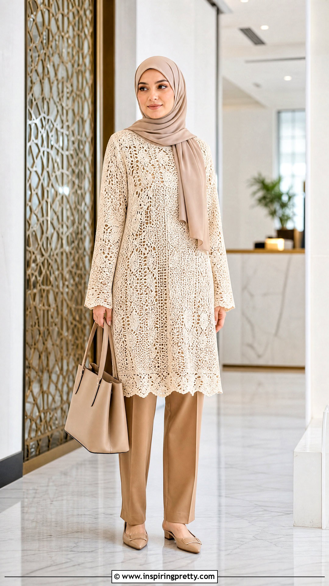 Long Crochet Tunic With Straight Leg Trousers - 25 crochet top hijabi outfit ideas