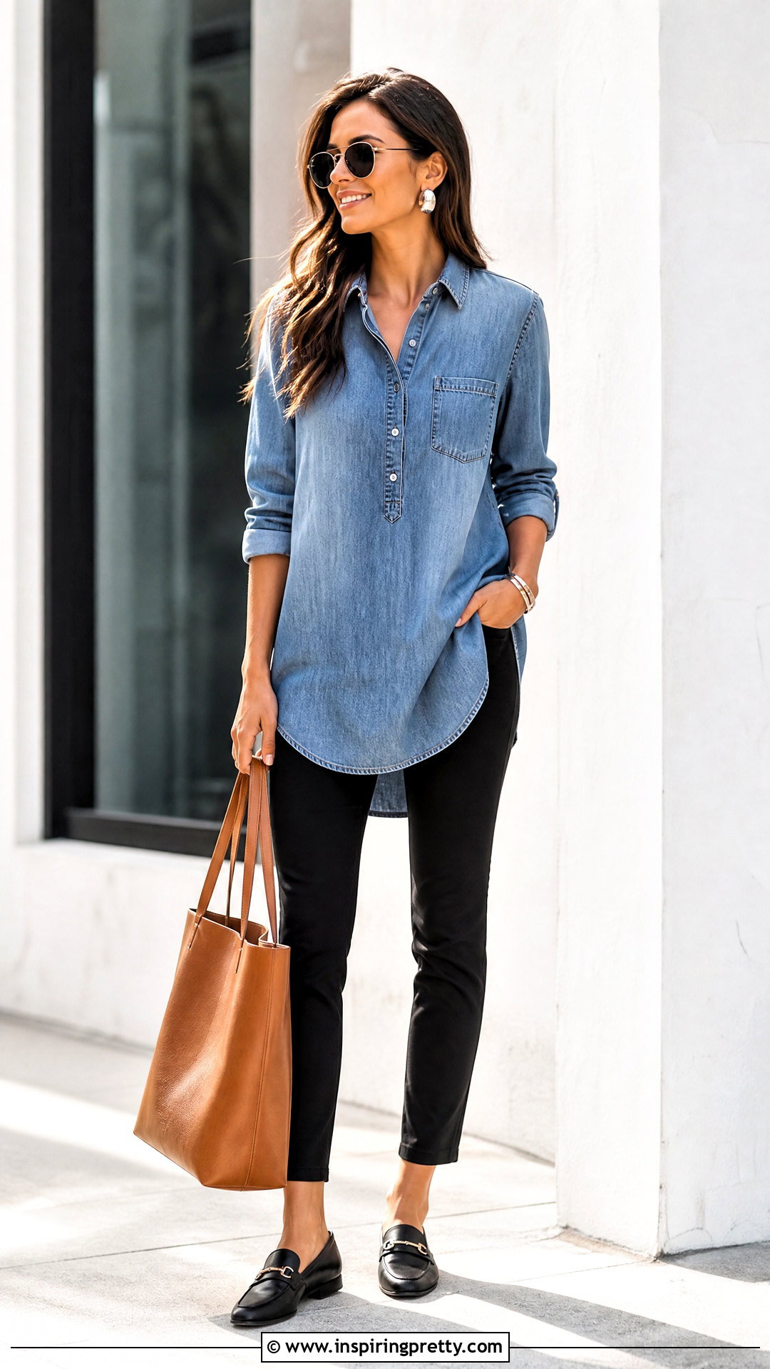 Long Denim Shirt With Black Pants - 50 long top outfit ideas