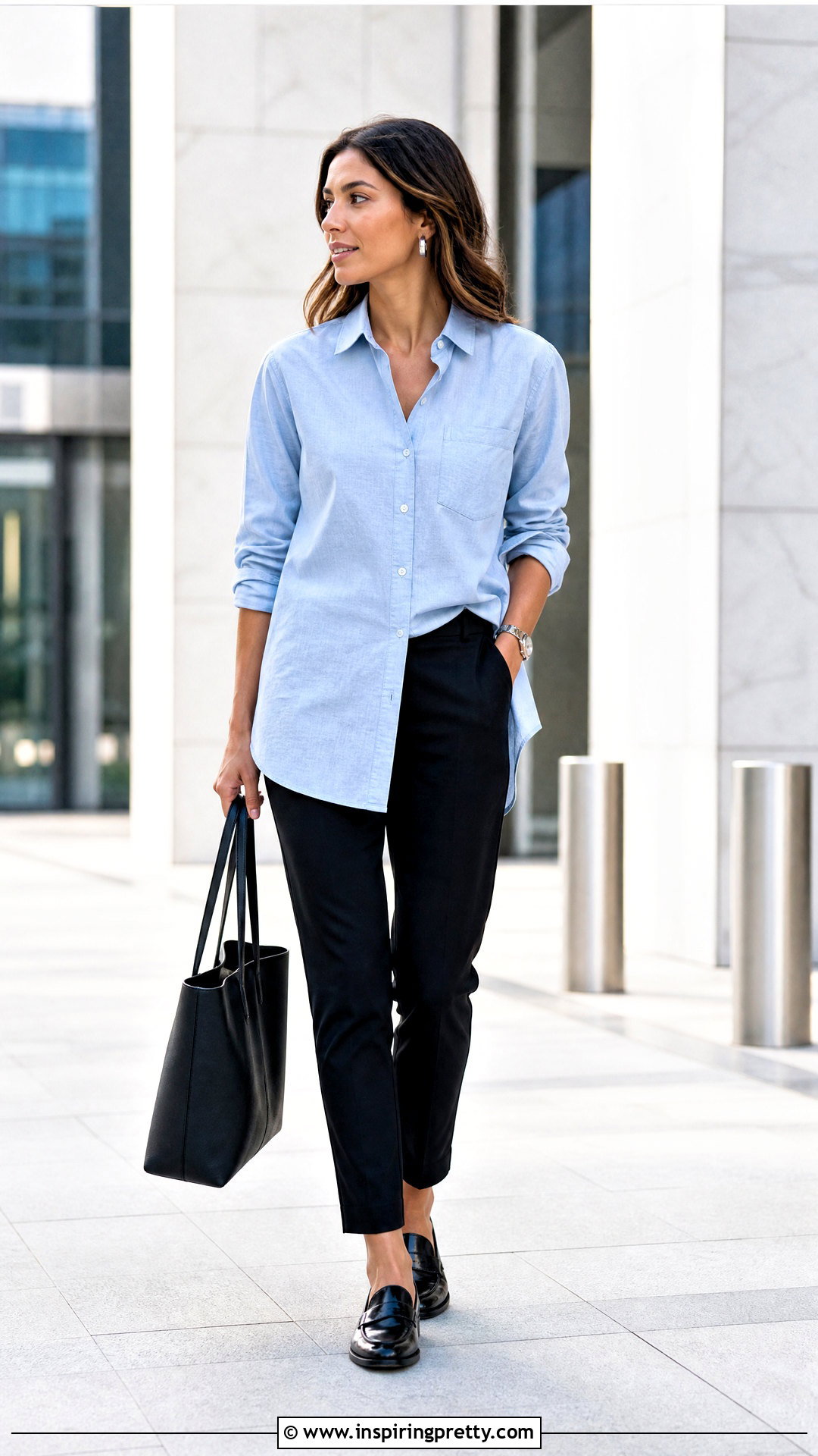 Long Denim Shirt With Black Trousers - 50 long tops outfit ideas