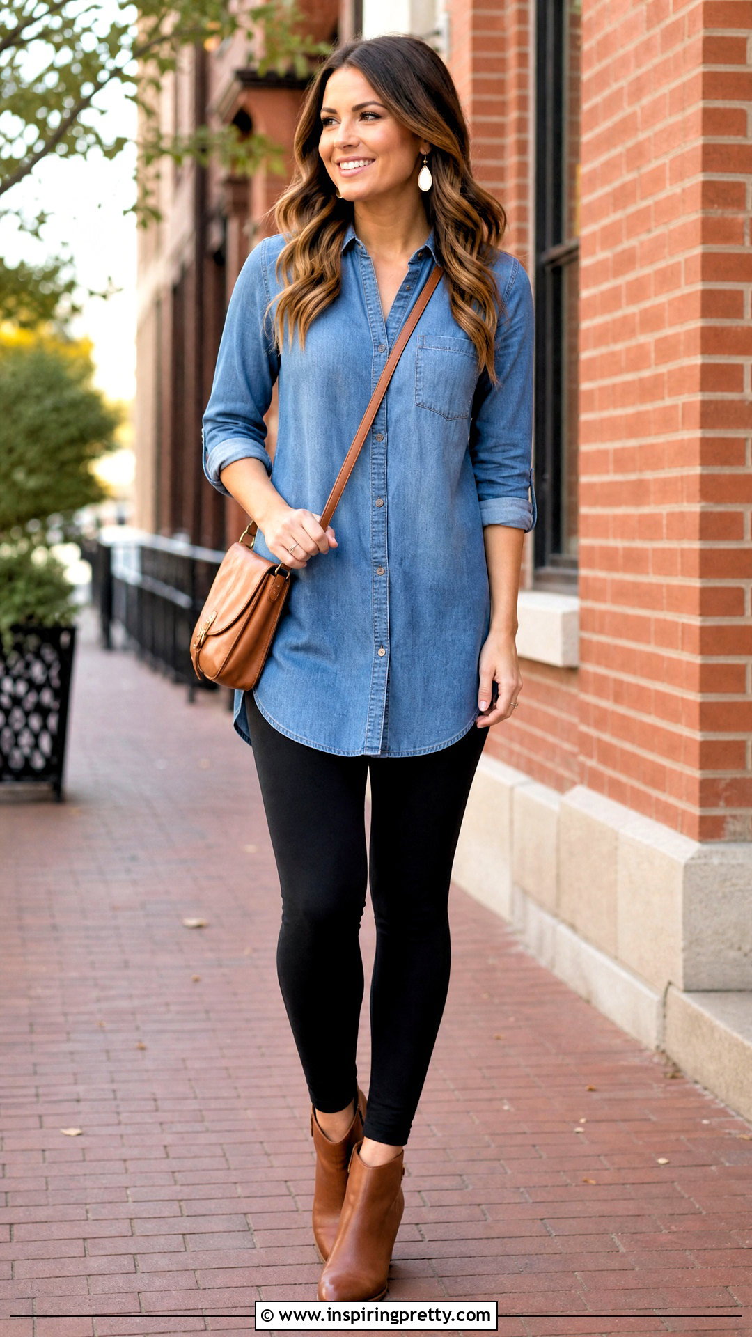 Long Denim Tunic With Black Leggings - 50 long tunic tops outfit ideas