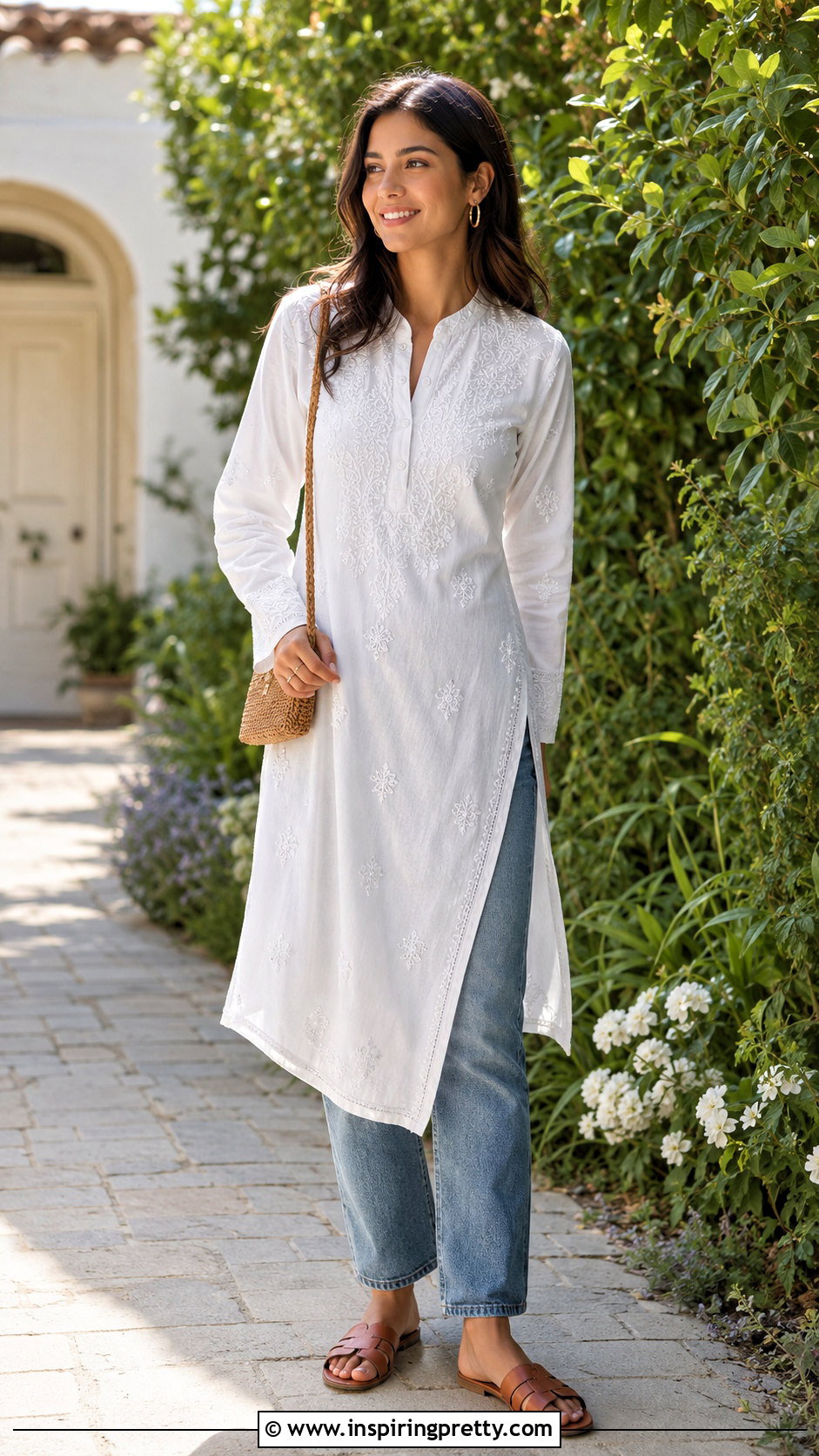 Long Embroidered Top With Straight Jeans - 50 long tops outfit ideas