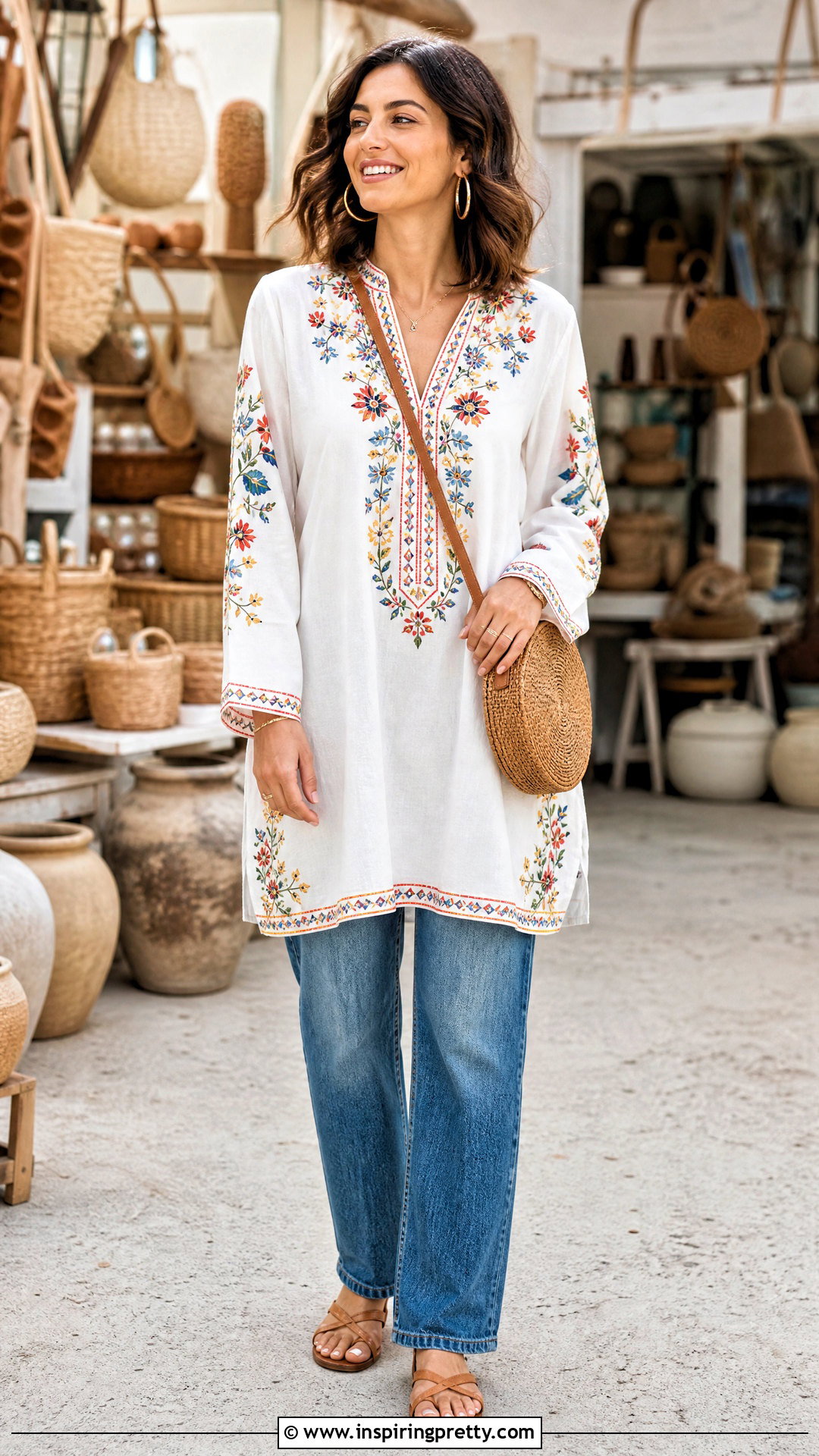 Long Embroidered Tunic With Straight Jeans - 50 long top outfit ideas