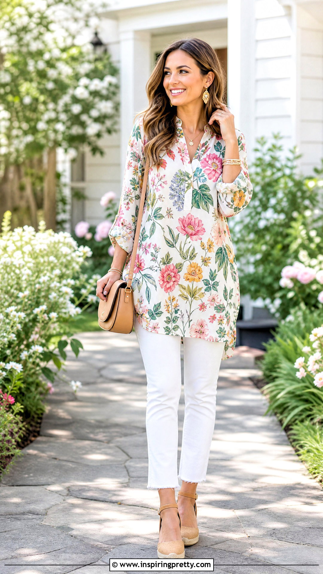 Long Floral Tunic With White Jeans - 50 long top outfit ideas