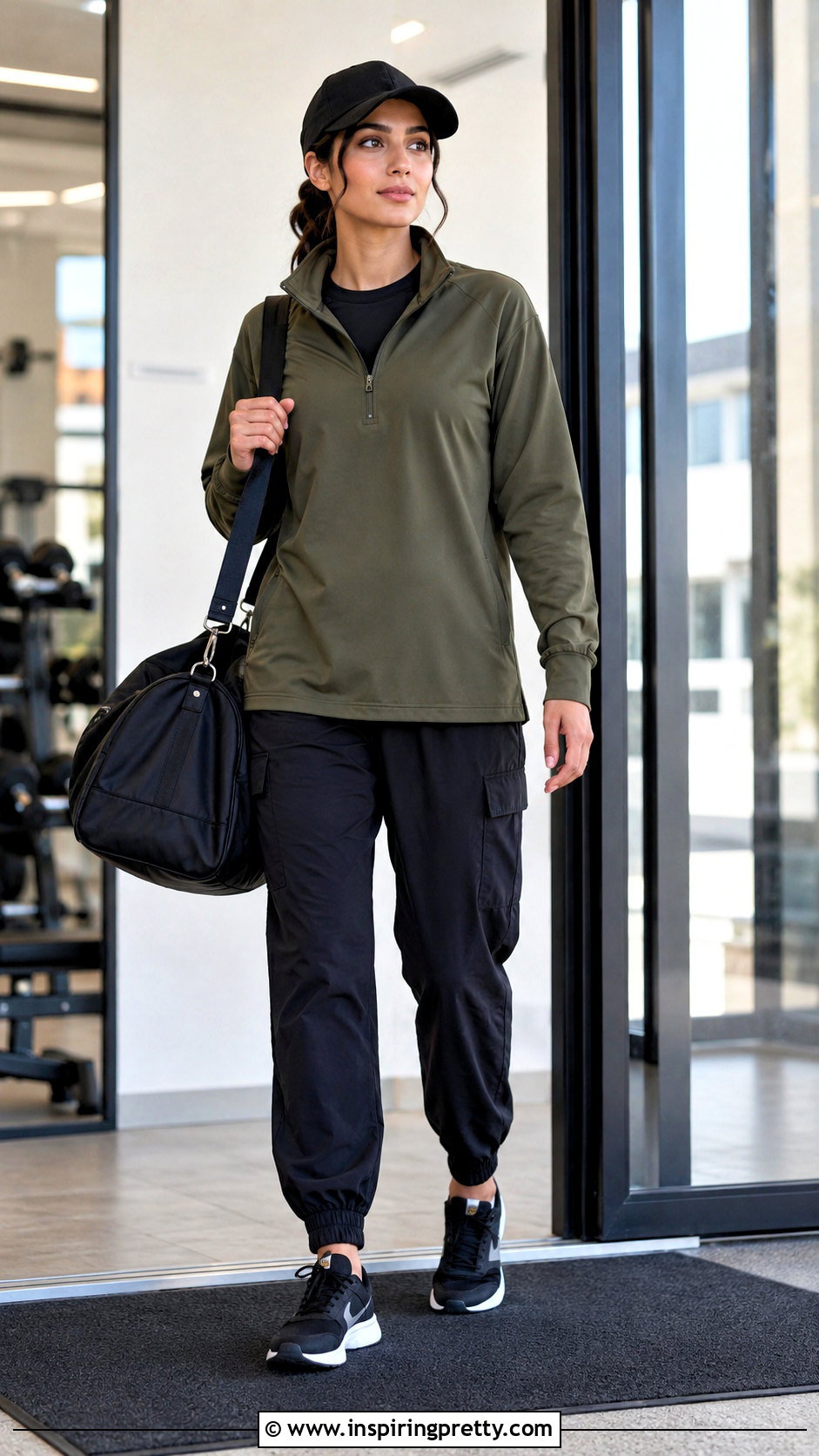 Long Half Zip Gym Top With Cargo Joggers - 20 half zip gym top outfit ideas