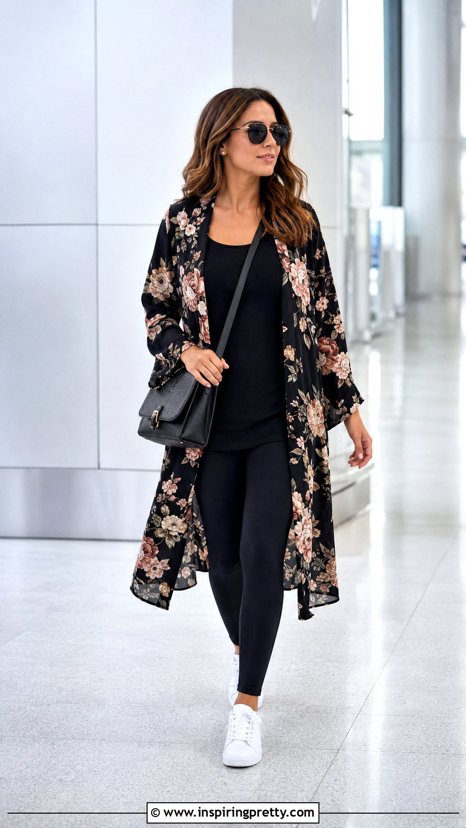 Long Kimono Top With Black Leggings - 50 kimono top outfit ideas
