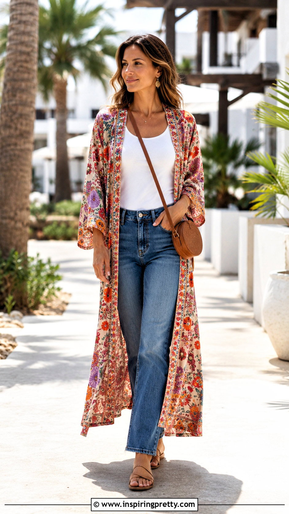Long Kimono Top With Tank And Jeans - 50 long tops outfit ideas