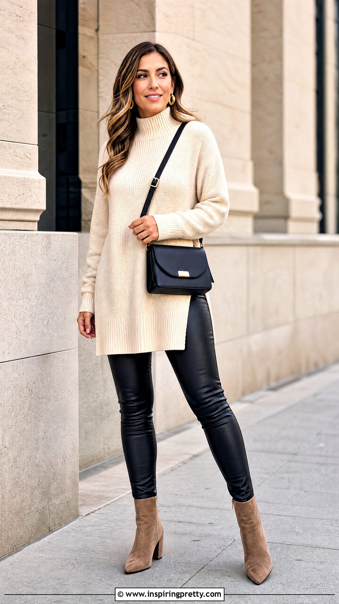 Long Knit Tunic With Leather Leggings - 50 long top outfit ideas