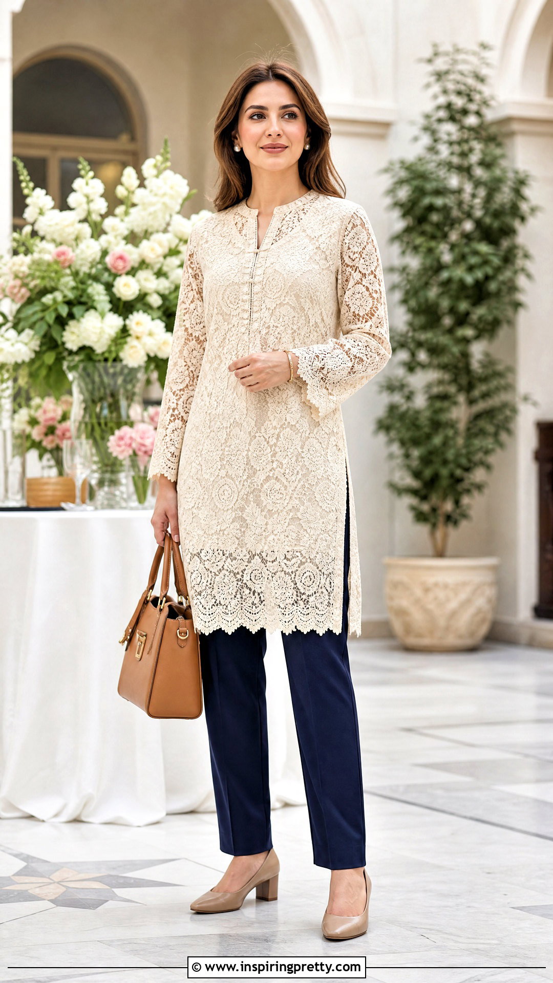 Long Lace Tunic With Straight Pants - 50 long tunic tops outfit ideas