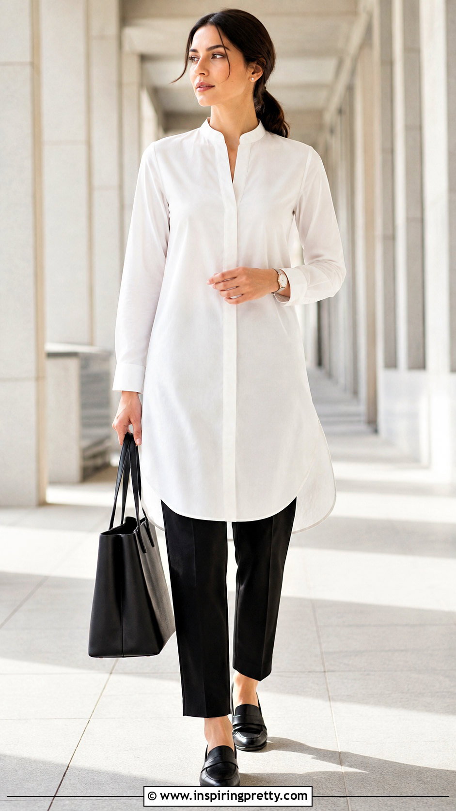 Long Mandarin Collar Top With Trousers - 50 stylish long tops for women