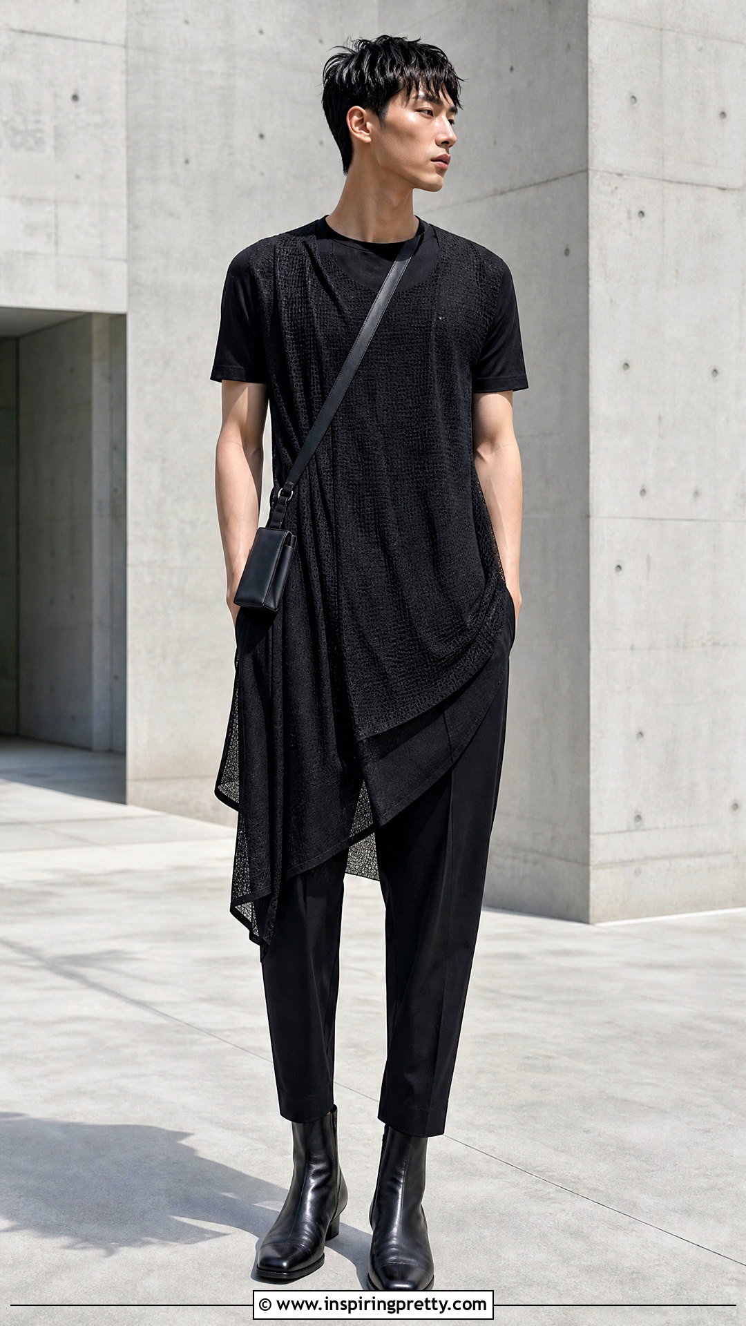 Long Mesh Tunic With Slim Trousers - 20 men’s mesh top outfit ideas
