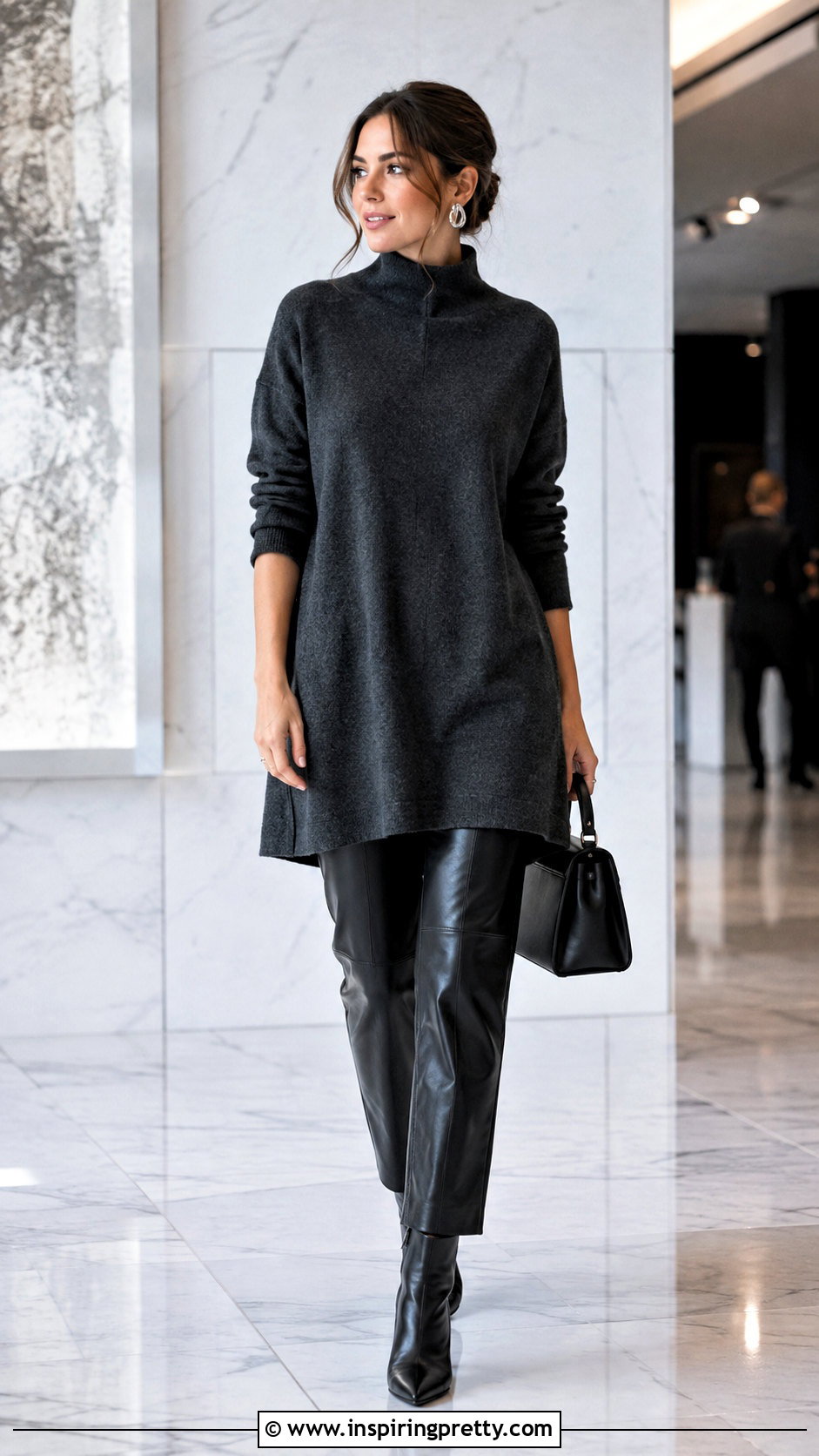 Long Mock Neck Top With Leather Pants - 50 stylish long tops for women