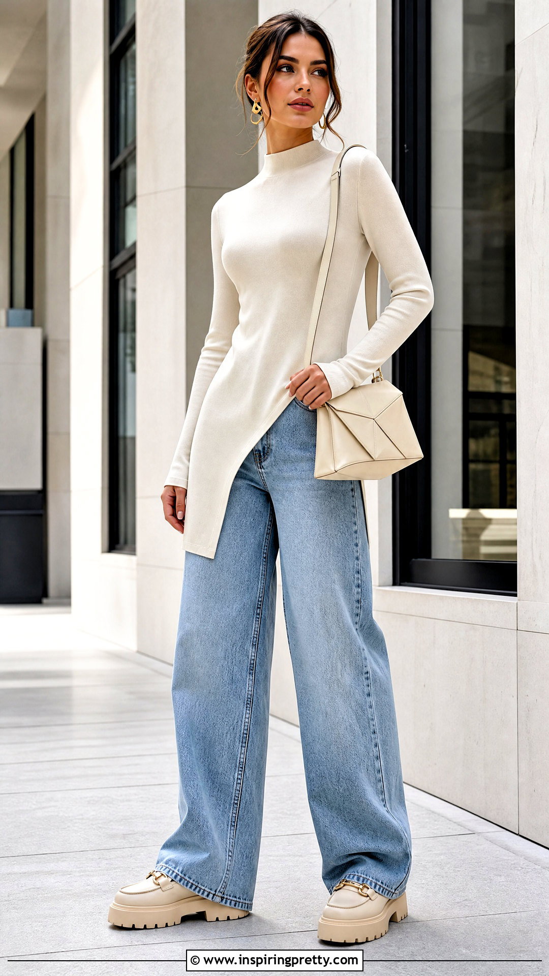 Long Mock Neck Top With Wide Leg Jeans - 50 long tops for women