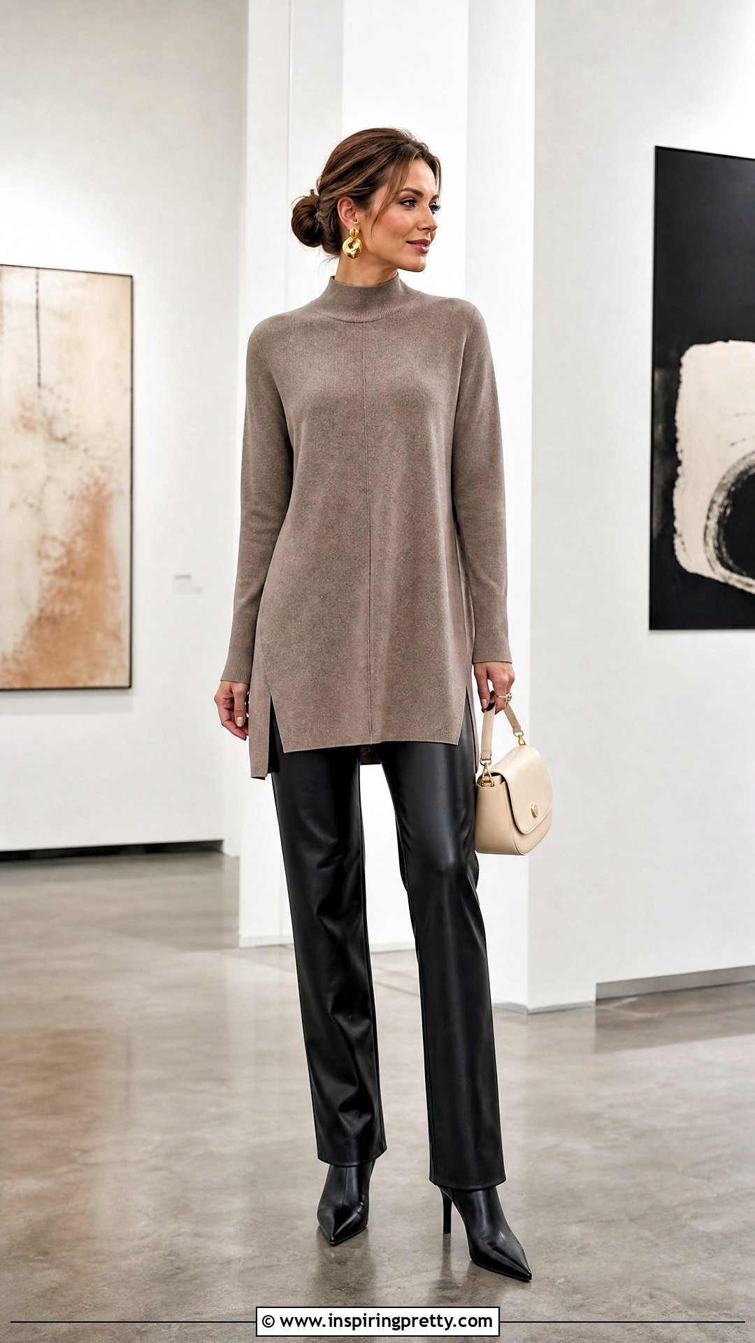Long Mock Neck Tunic With Leather Pants - 50 long tunic tops outfit ideas
