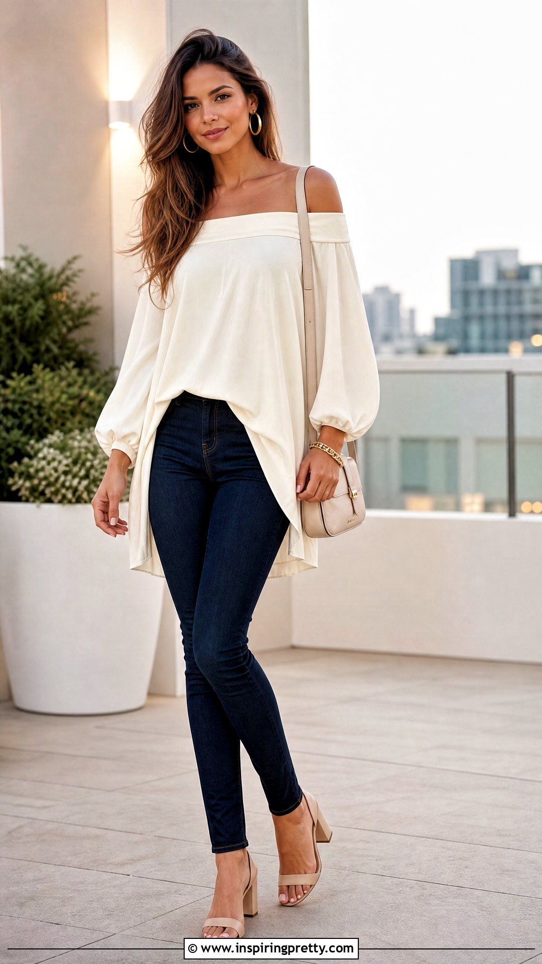 Long Off Shoulder Top With Slim Jeans - 50 long top outfit ideas