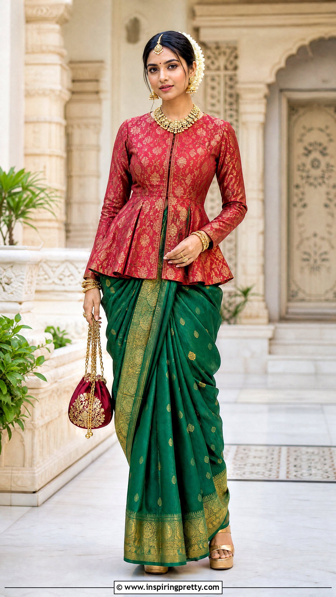 Long Peplum Top With Kanjeevaram Saree - 20 peplum top with saree outfit ideas