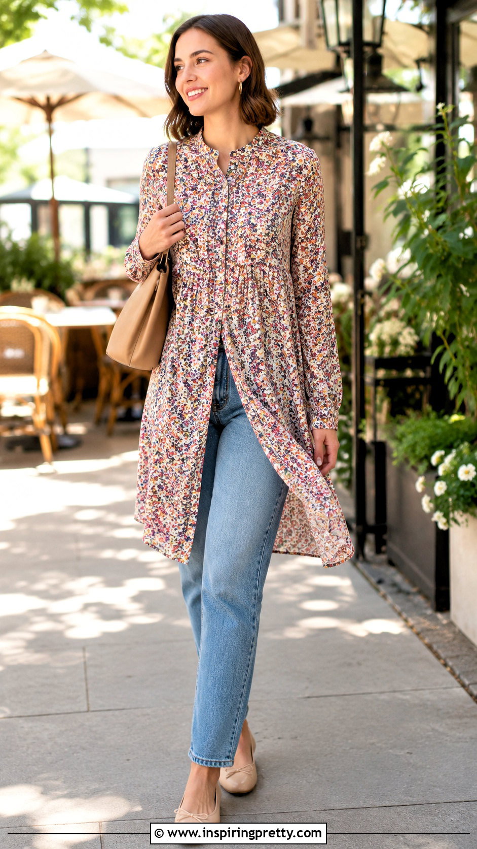 Long Printed Top With Mom Jeans - 50 long tops outfit ideas