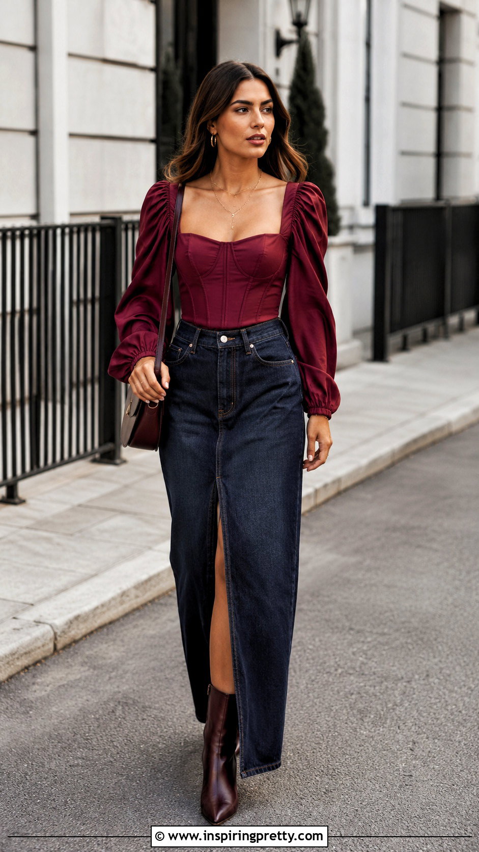 Long Puff Sleeve Corset Top With Denim Maxi Skirt - 20 Long Puff Sleeve Corset Top outfit ideas