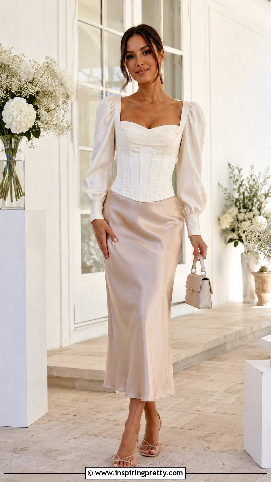Long Puff Sleeve Corset Top With Satin Midi Skirt - 20 Long Puff Sleeve Corset Top outfit ideas