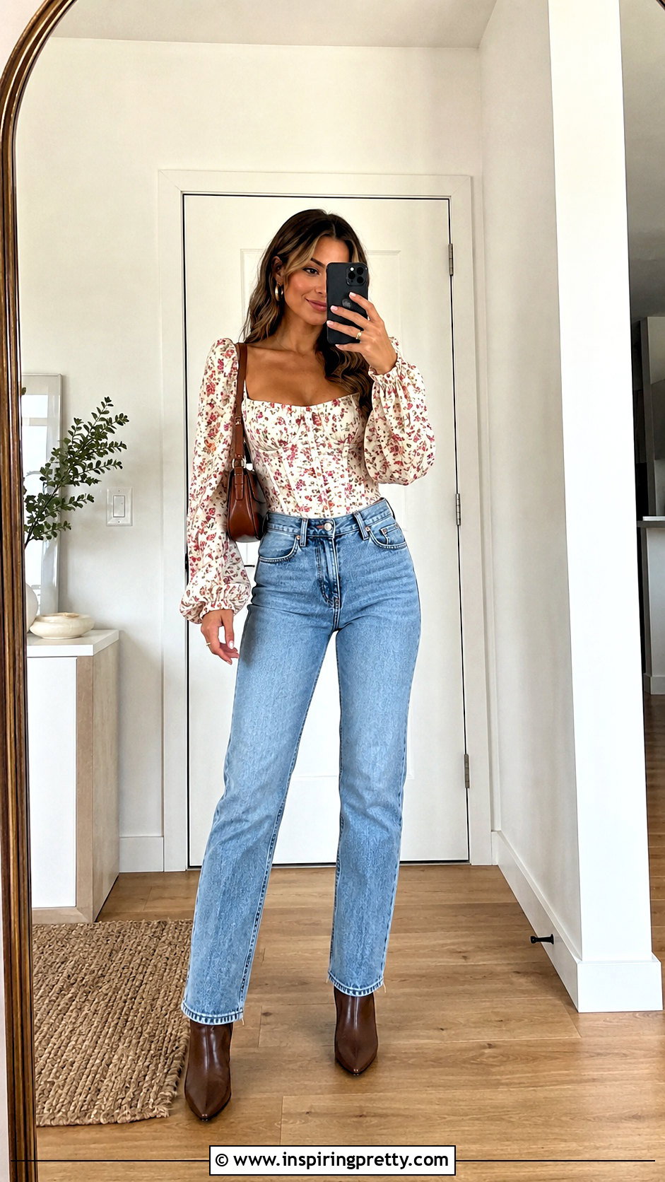 Long Puff Sleeve Corset Top With Straight Leg Jeans - 20 Long Puff Sleeve Corset Top outfit ideas